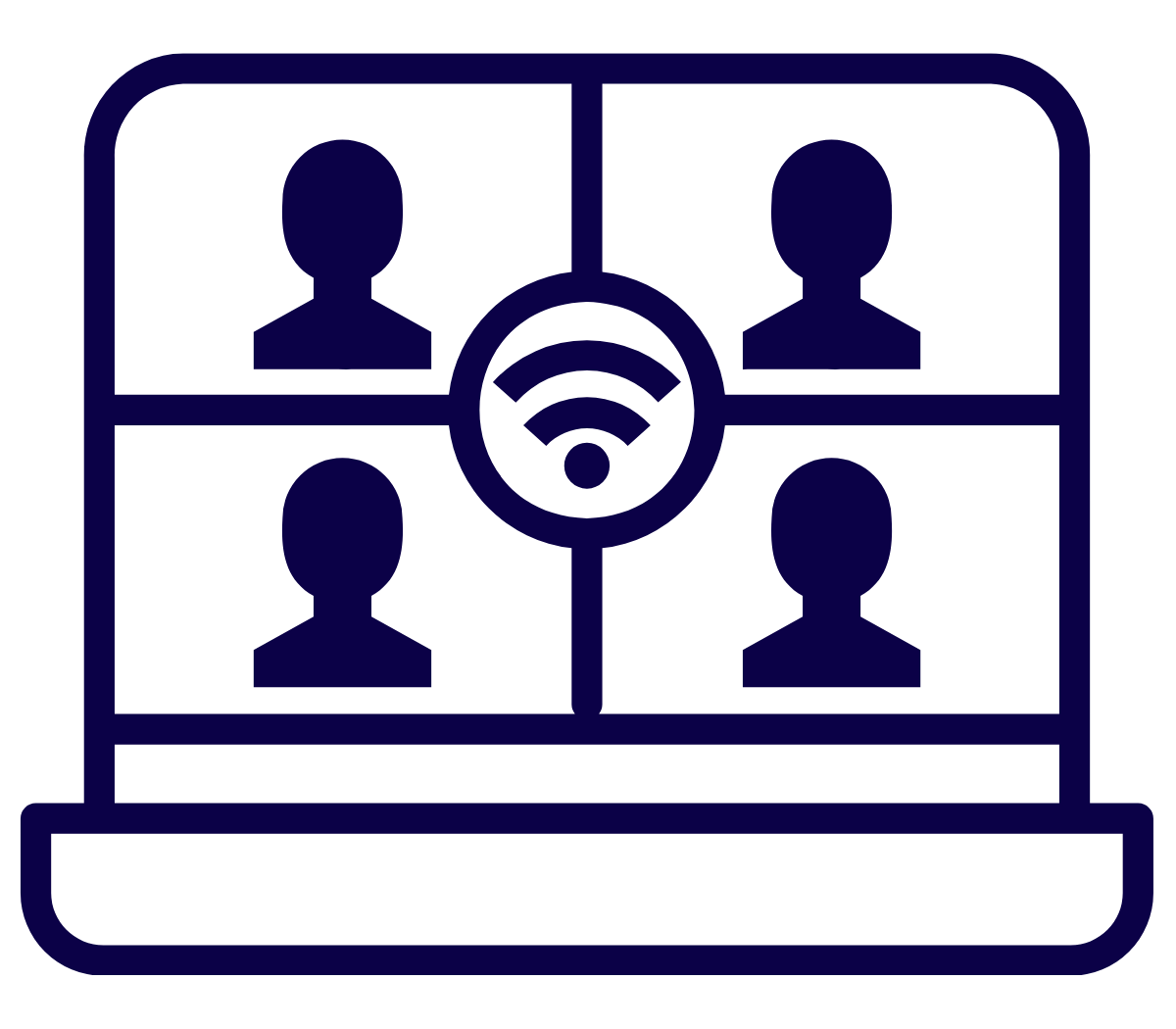 Outline of a computer screen showing a video conference with four participants and a Wi-Fi symbol in the center.