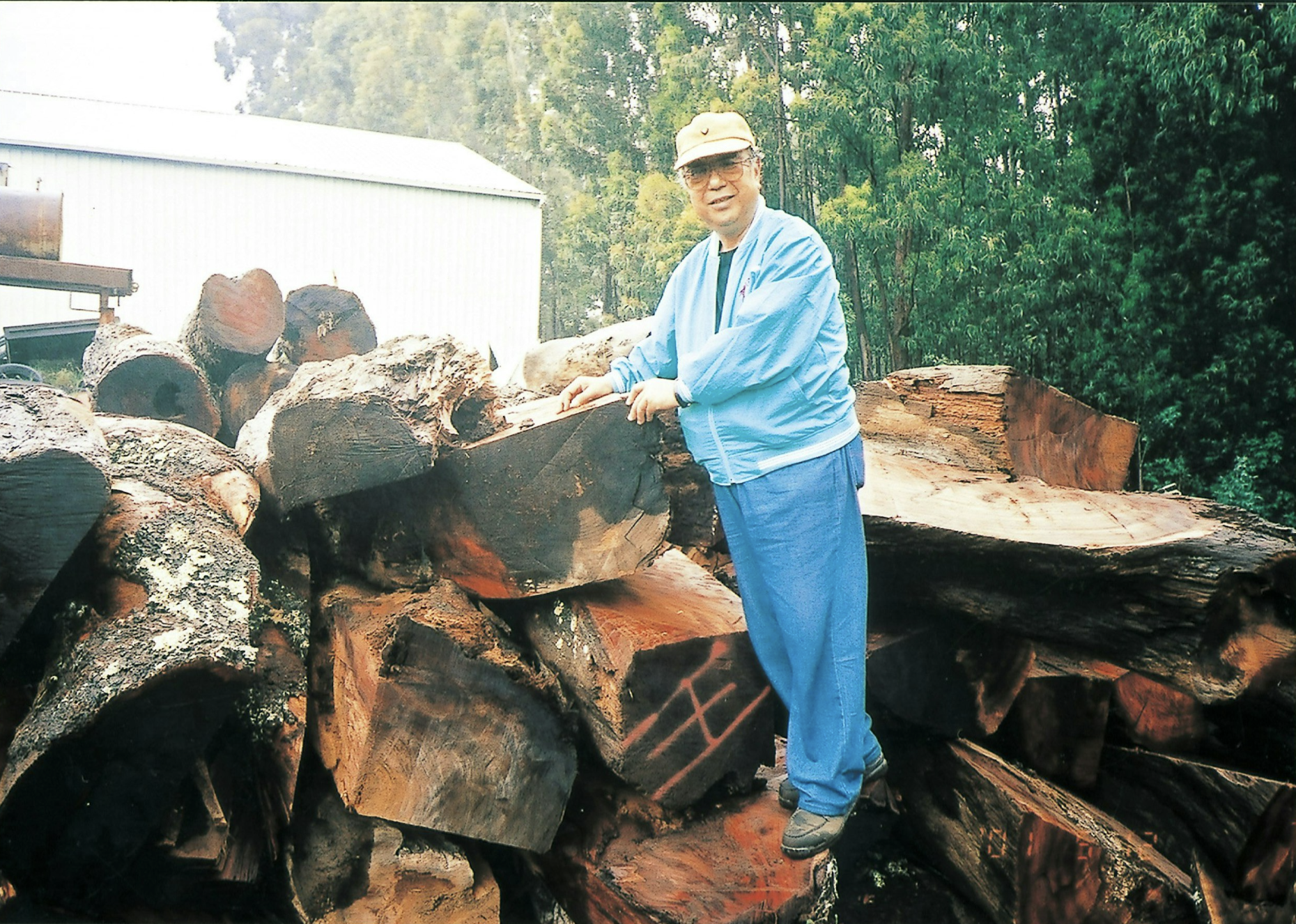 A man wearing a beige cap, glasses, a blue jacket, and blue pants is standing among large cut logs and trees in a wooded outdoor area. He is smiling and looking at the camera.