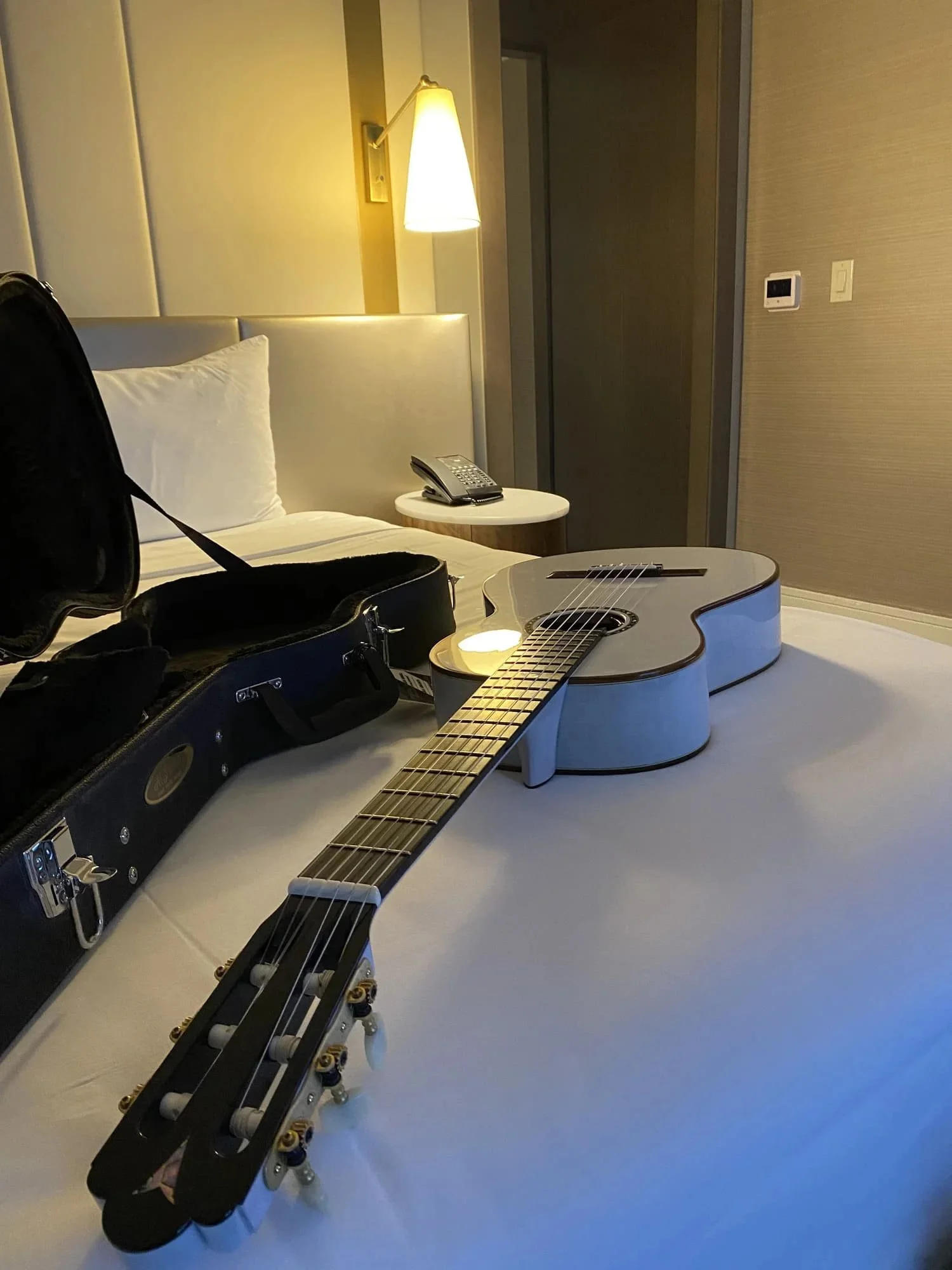 Dominic Miller on Tour with K Yairi Grace in a bed