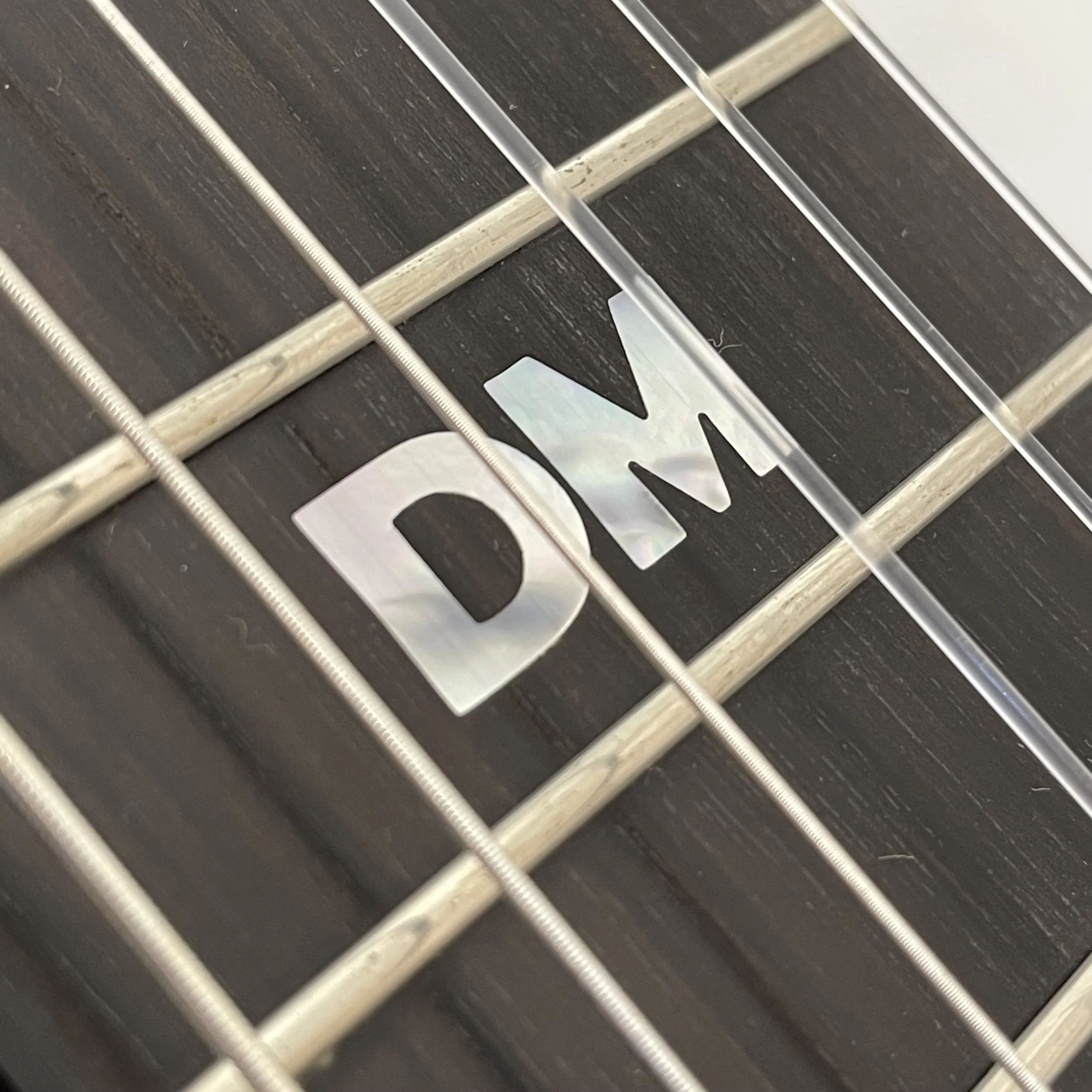 Close-up view of the underside of a Grace's neck showing metal frets and inlays on a dark wood fretboard. DM is of course for Dominic Miller.