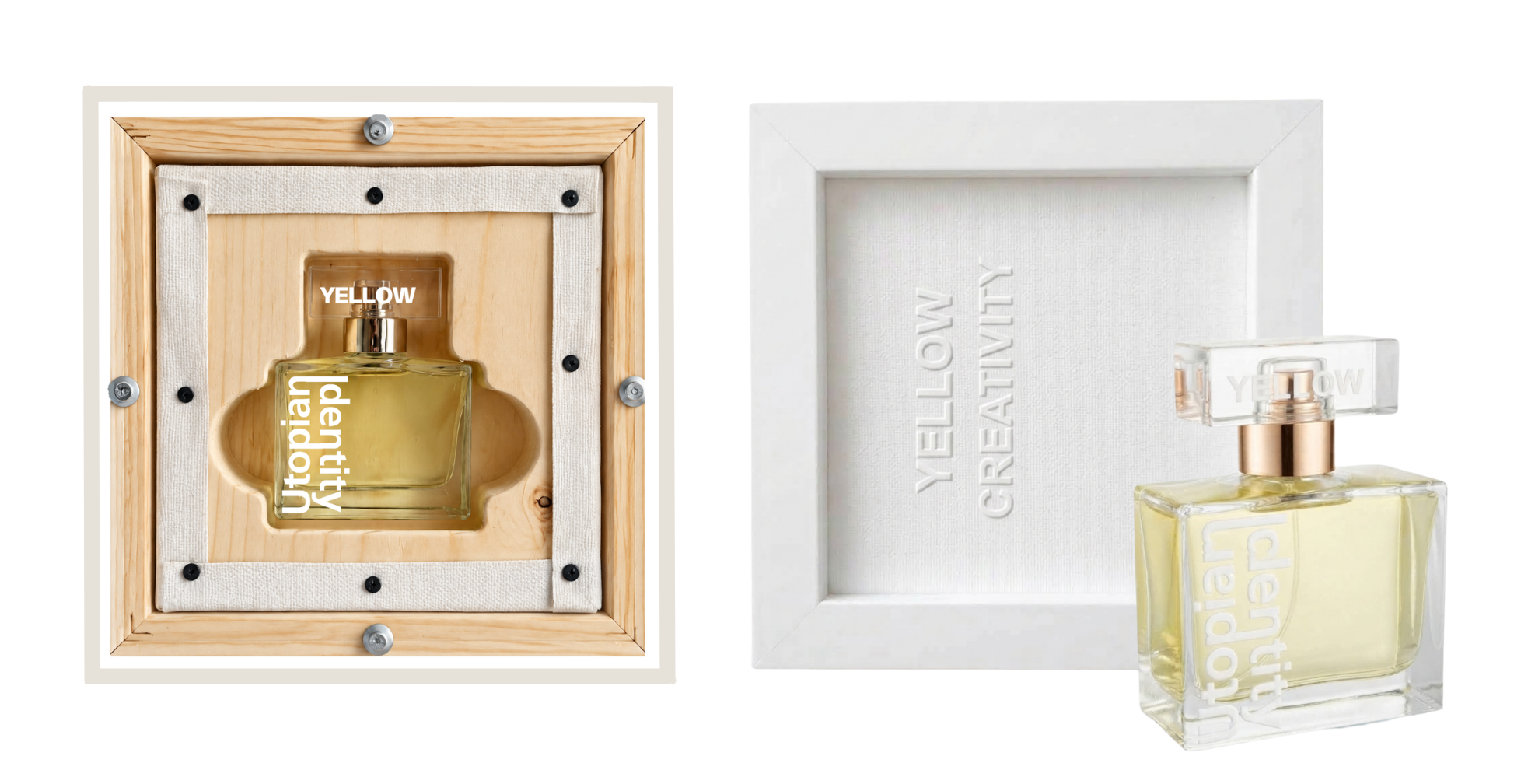 topian Identity - Yellow Creativity, flacone di profumo artistico con cornice bianca scultorea e cofanetto