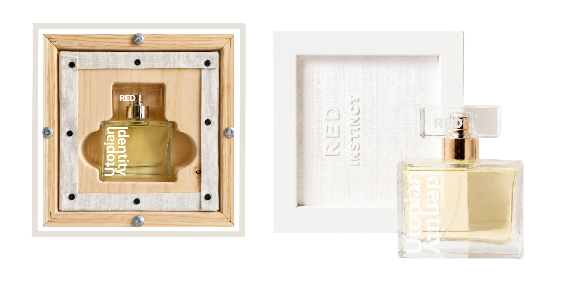 Utopian Identity - Red Instinct, flacone di profumo artistico con cornice bianca scultorea e cofanetto