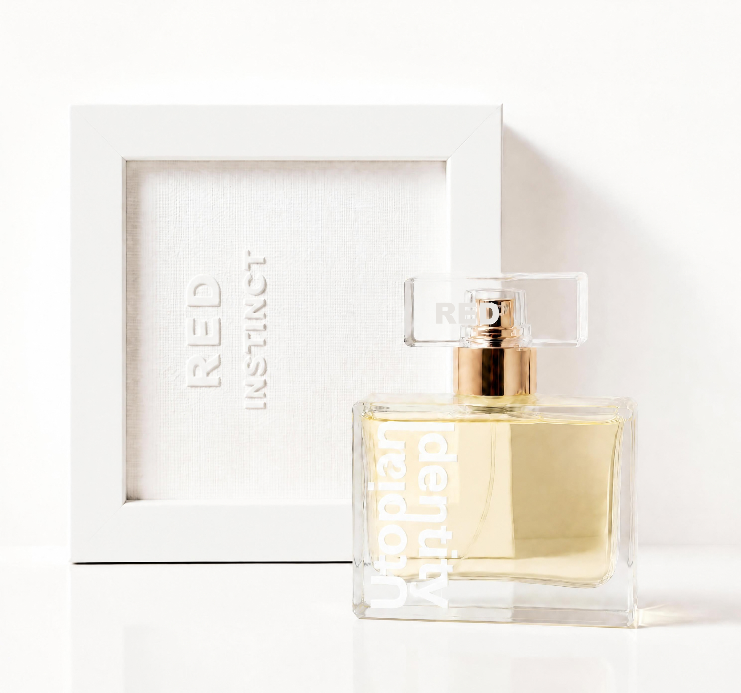 Utopian Identity - Red Instinct, flacone di profumo artistico con cornice bianca scultorea e cofanetto