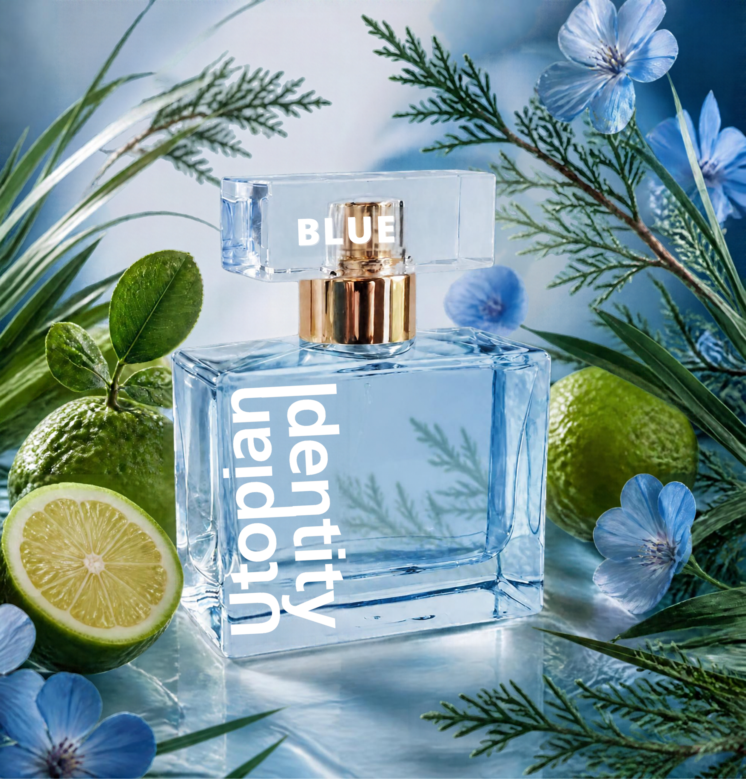 Utopian Identity - Blue Depth, flacone di profumo circondato da note di bergamotto, ginepro e fiori blu