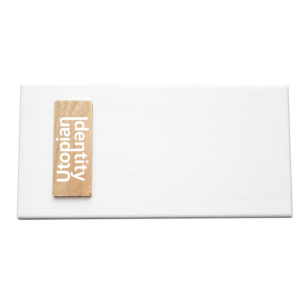 Utopian Identity - Minimalist white gift box with natural wood tag featuring the brand logo