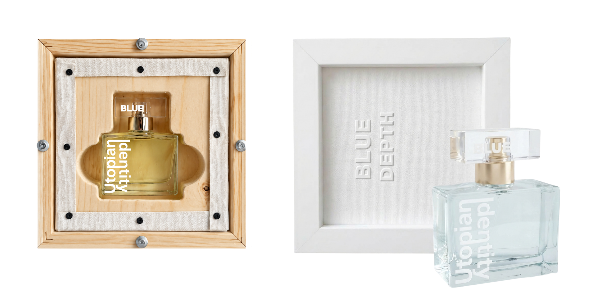 Utopian Identity - Diptych image displaying two packaging options for the 'Blue Depth' fragrance: (Left) A top-down view of the perfume bottle nestled in its unique wooden and canvas artisan structure.