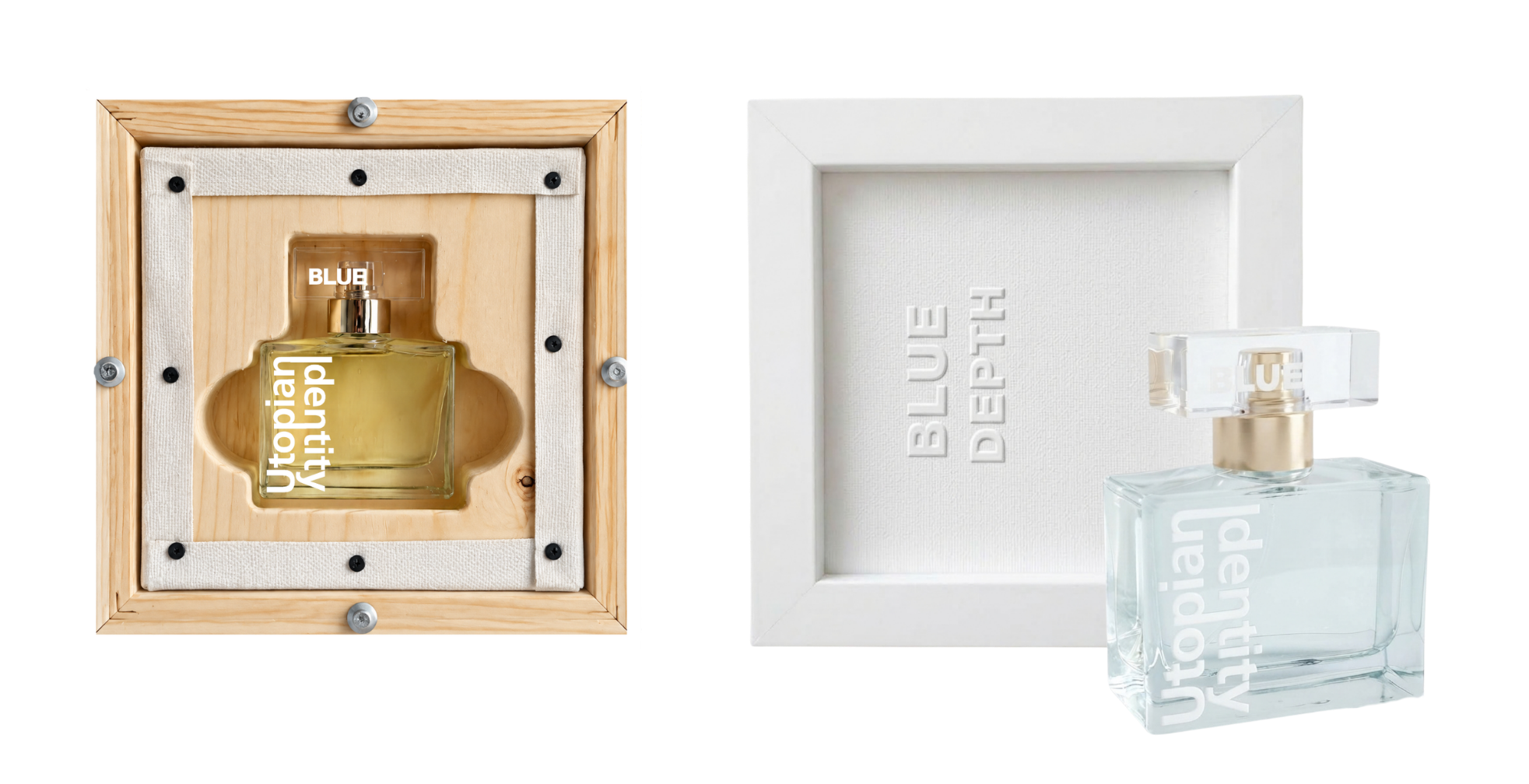 Utopian Identity - Blue Depth, flacone di profumo artistico con cornice bianca scultorea e cofanetto