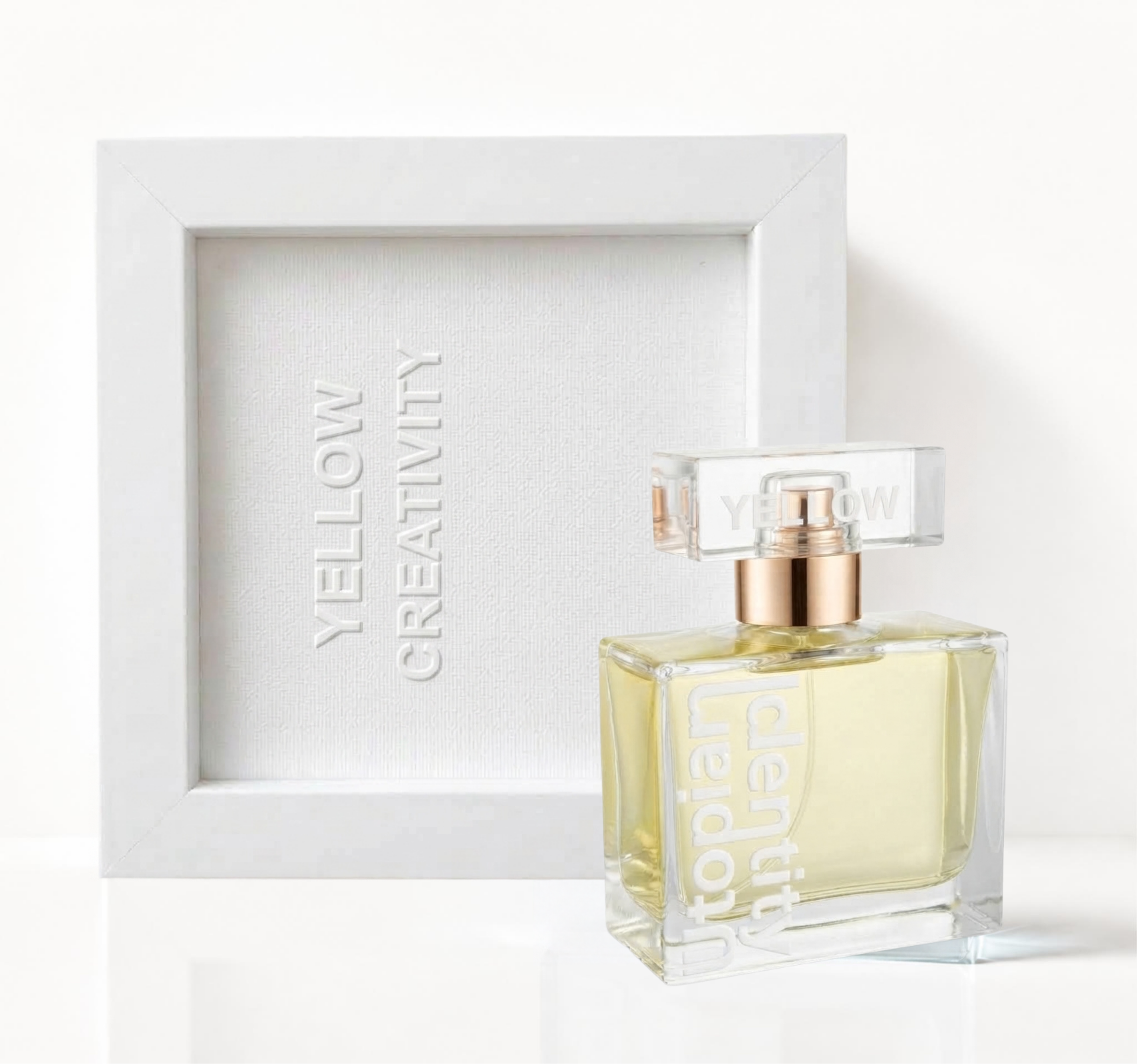 Utopian Identity - Yellow Creativity, flacone di profumo artistico con cornice bianca scultorea e cofanetto