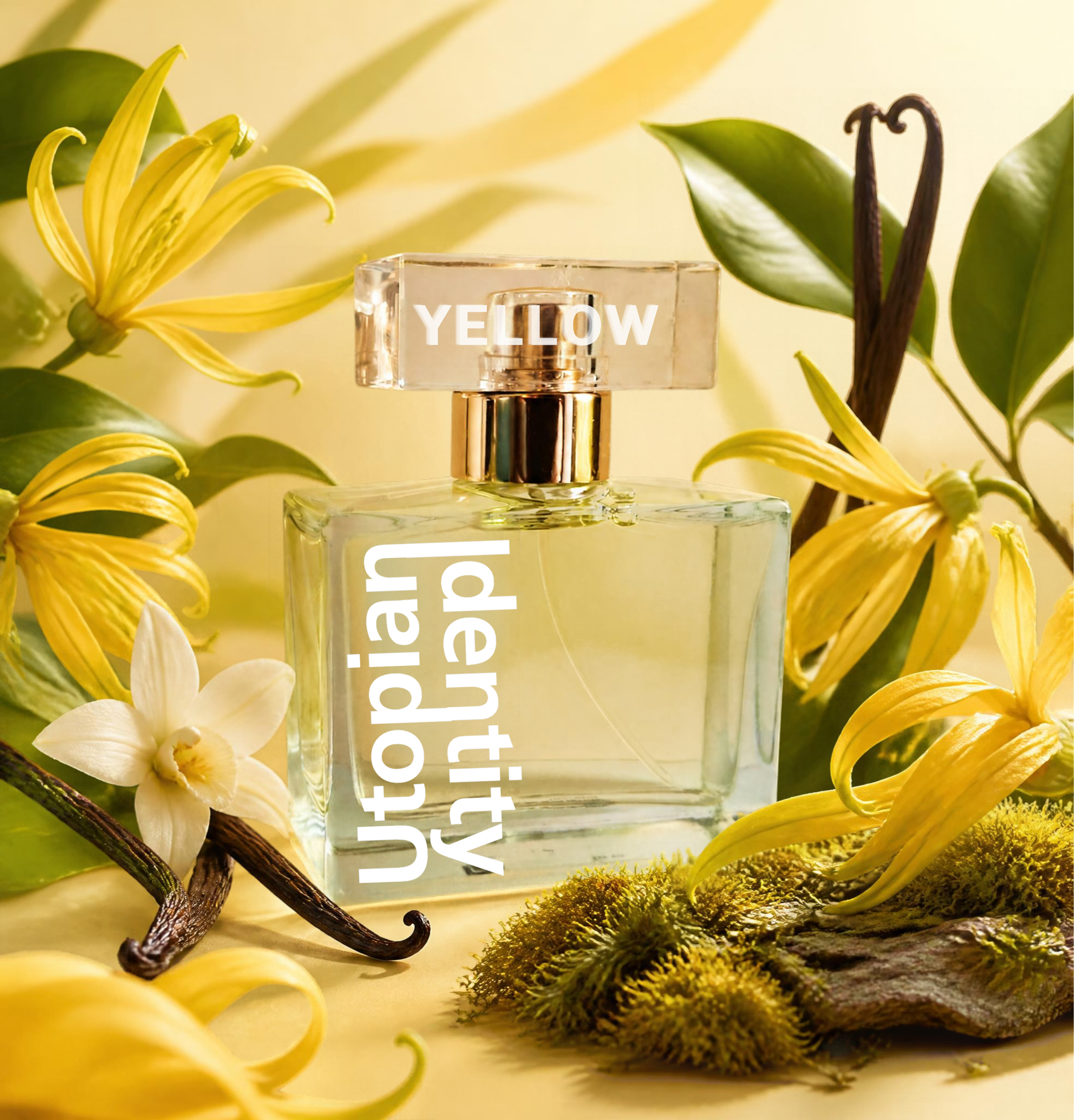 Utopian Identity - Yellow Creativity, flacone di profumo immerso tra fiori di ylang-ylang, baccelli di vaniglia e muschio