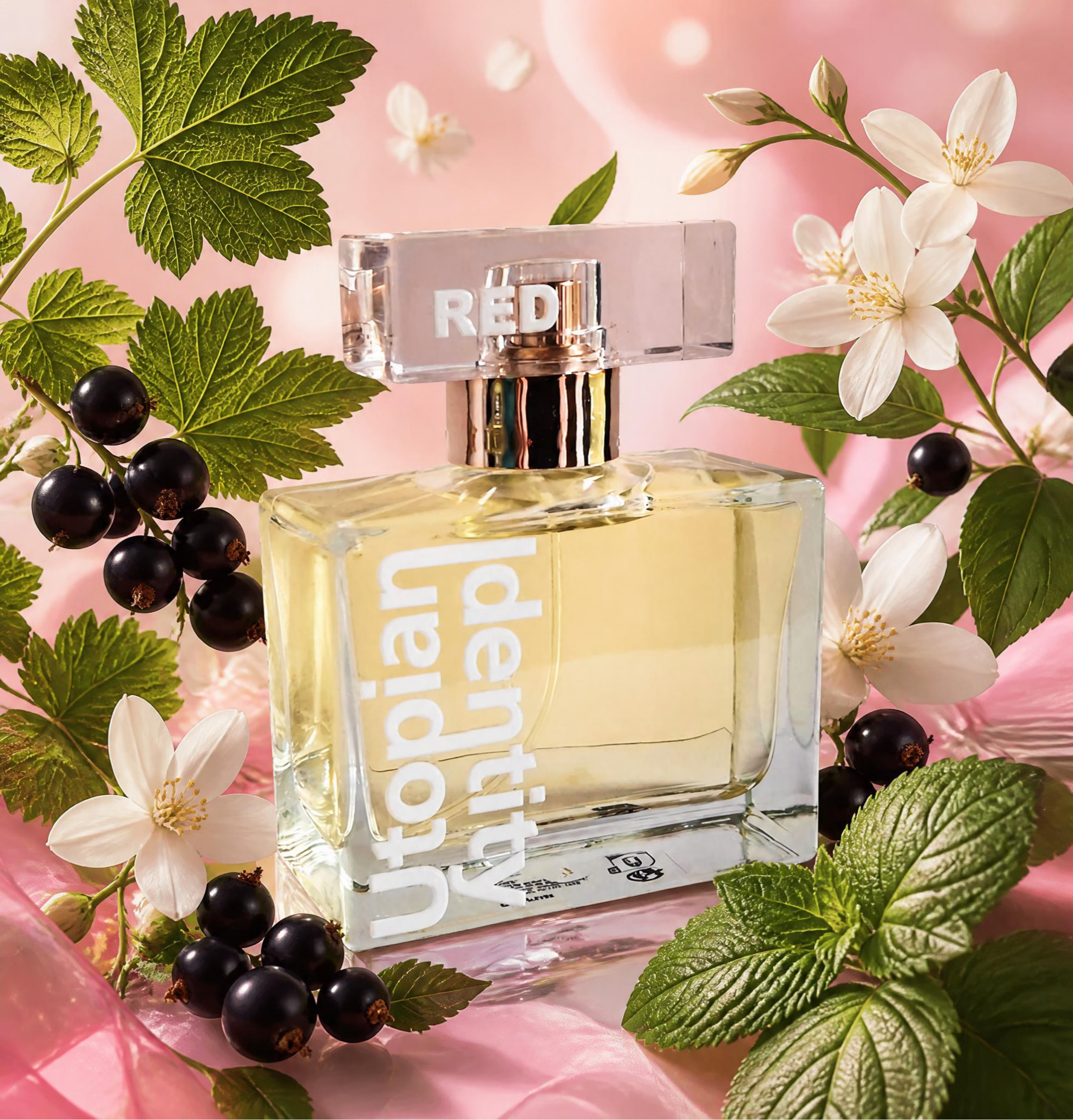 Utopian Identity - Red Instinct, flacone di profumo immerso tra bacche di ribes nero, fiori di gelsomino e foglie verdi