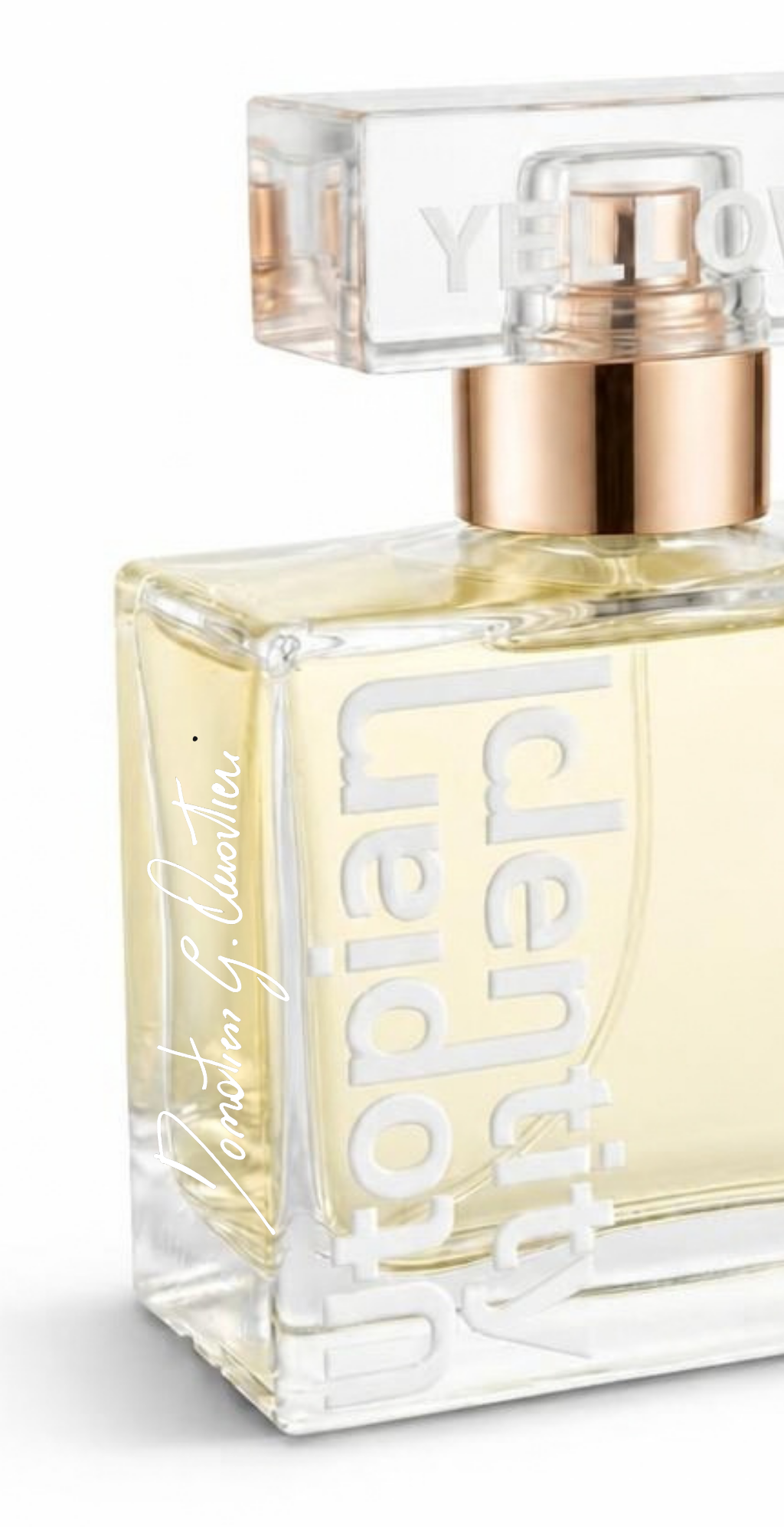 Utopian Identity - Yellow Creativity, dettaglio laterale del flacone di profumo con la firma originale dell'autore Donatien G. Quartieri