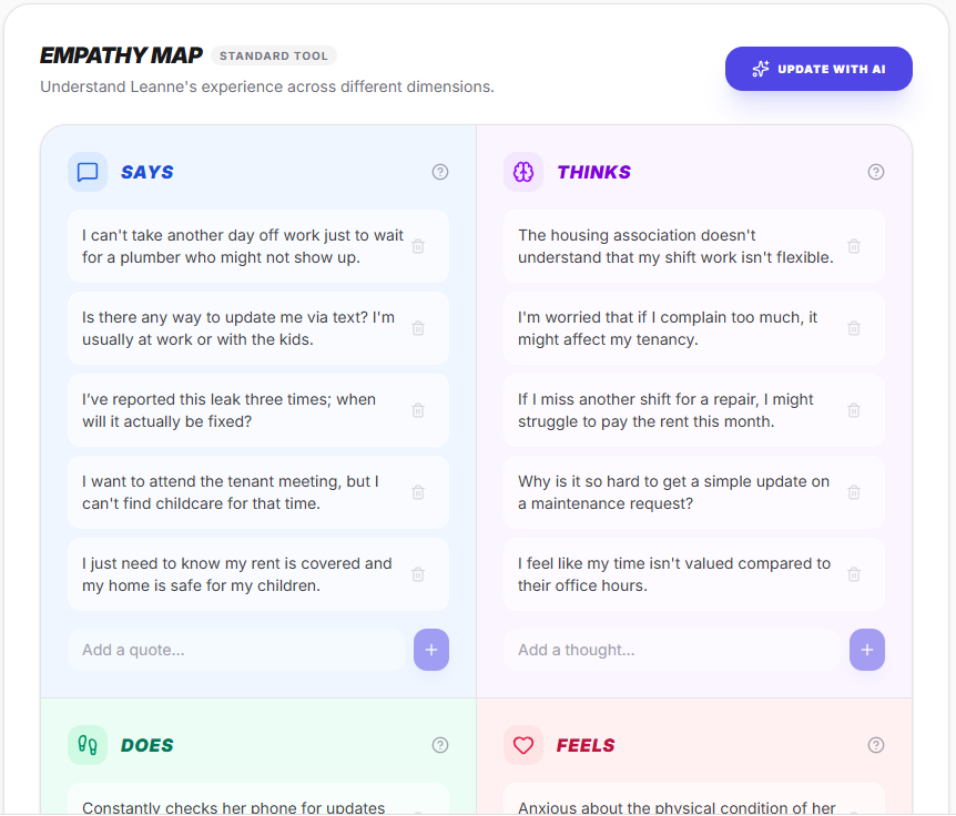 Empathy map with four sections: SAYS lists concerns about work and rent; THINKS describes thoughts on work flexibility, termite, and rent; DOES mentions checking her phone for updates; FEELS expresses anxiety about her health.