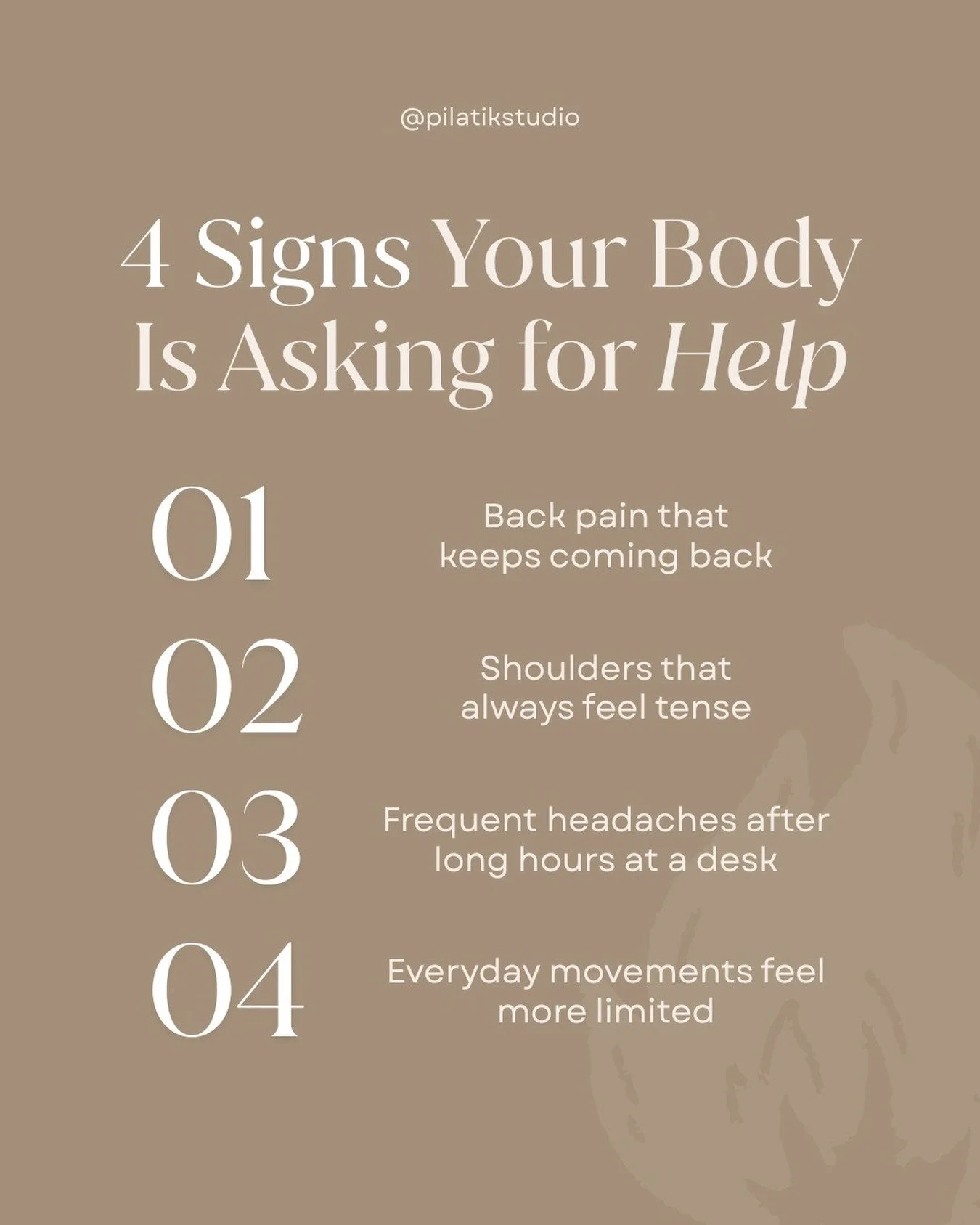 Your body has ways of getting your attention.

Recurring pain, tension, stiffness, or changes in how comfortably you move can be signs that something deserves a closer look, not something you simply have to &ldquo;push through.&rdquo;

A little body 