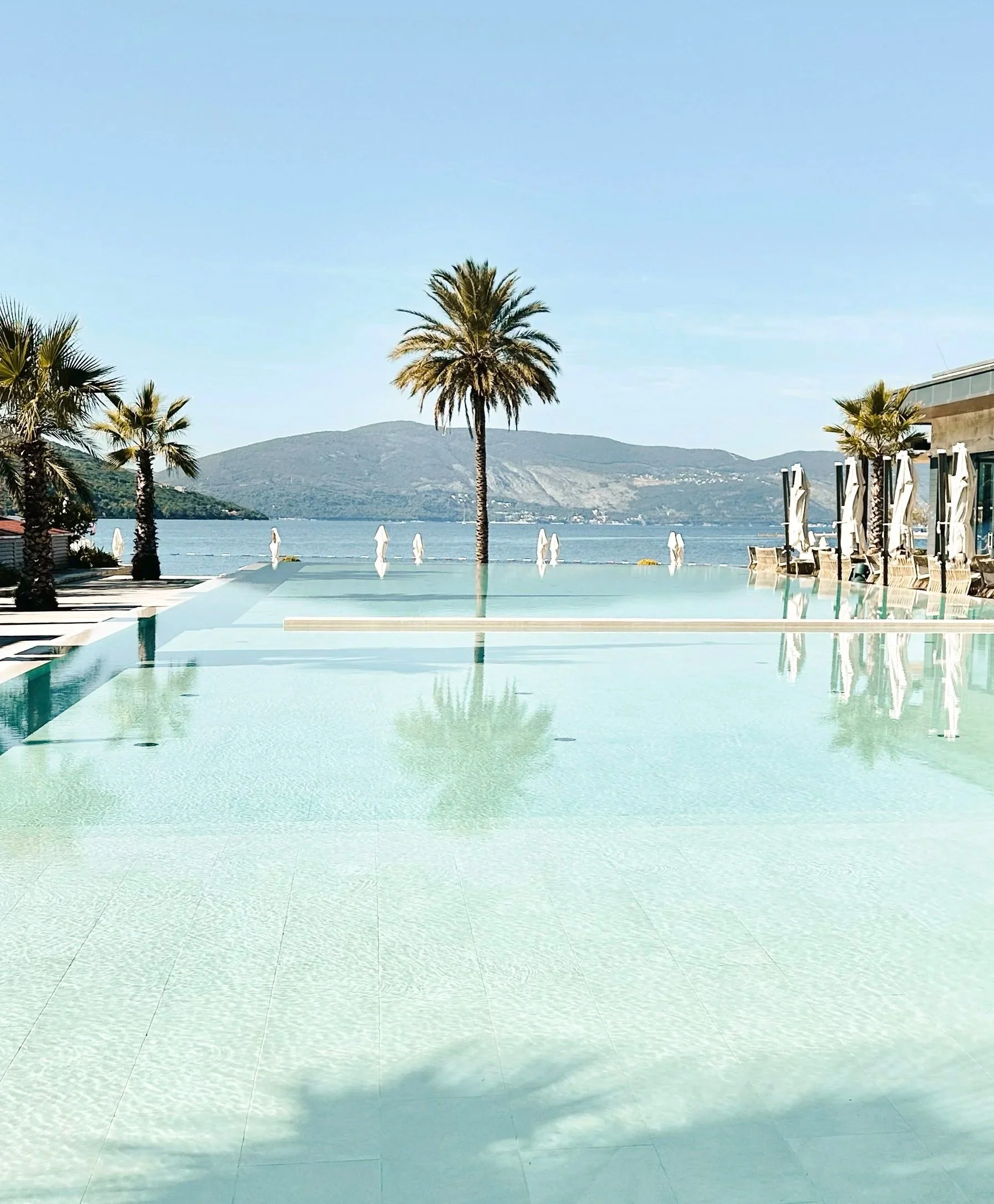 Empty swimming pool with a view of a large body of water, palm trees, mountains, and a modern building in the background under a clear blue sky.