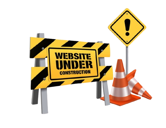 A yellow and black construction sign reads 'Website Under Construction.' There are two orange traffic cones stacked together and a yellow warning sign with an exclamation mark on it.