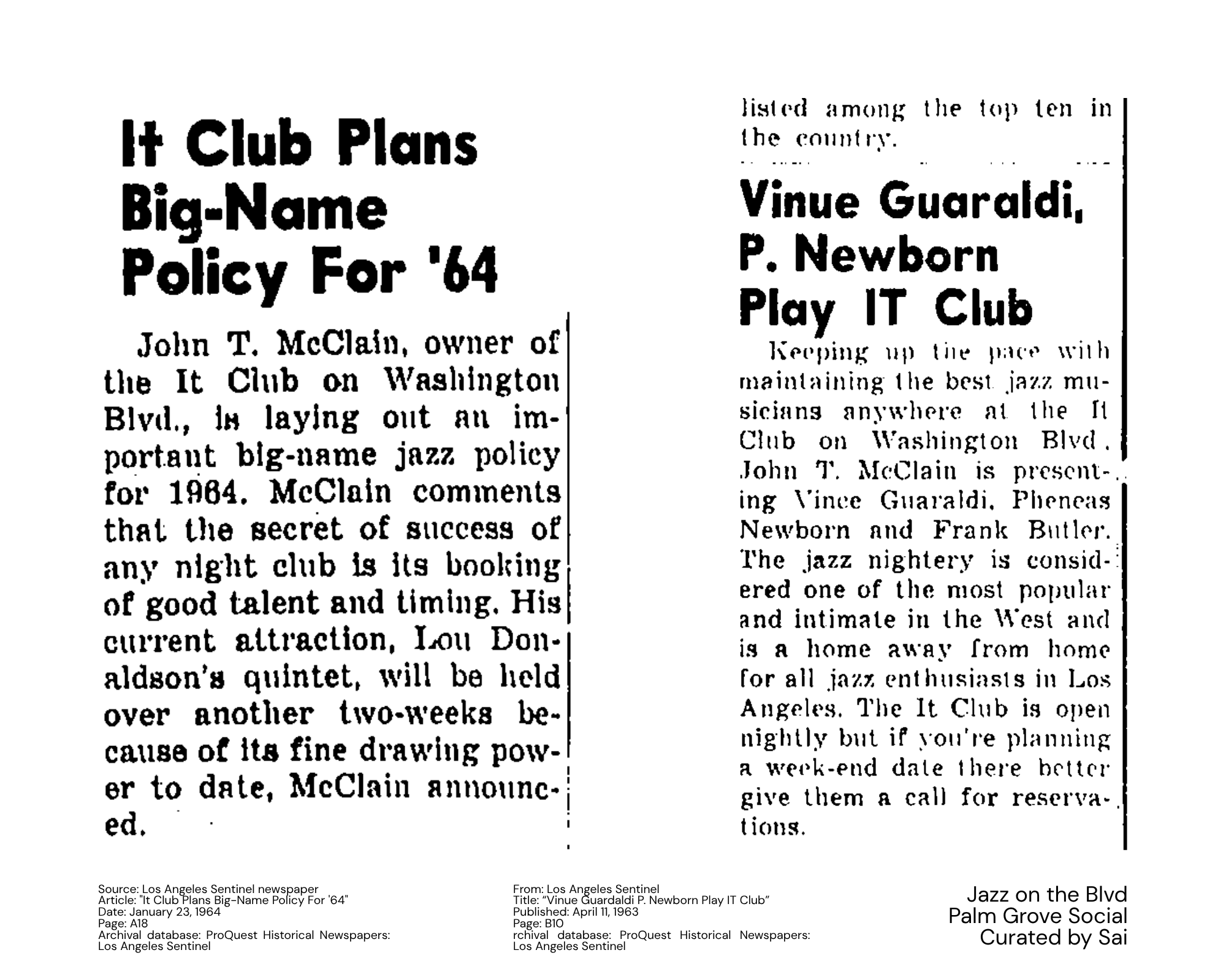 Source: Los Angeles Sentinel newspaper Article: "It Club Plans Big-Name Policy For '64" Date: January 23, 1964 Page: A18 Archival database: ProQuest Historical Newspapers: Los Angeles Sentinel