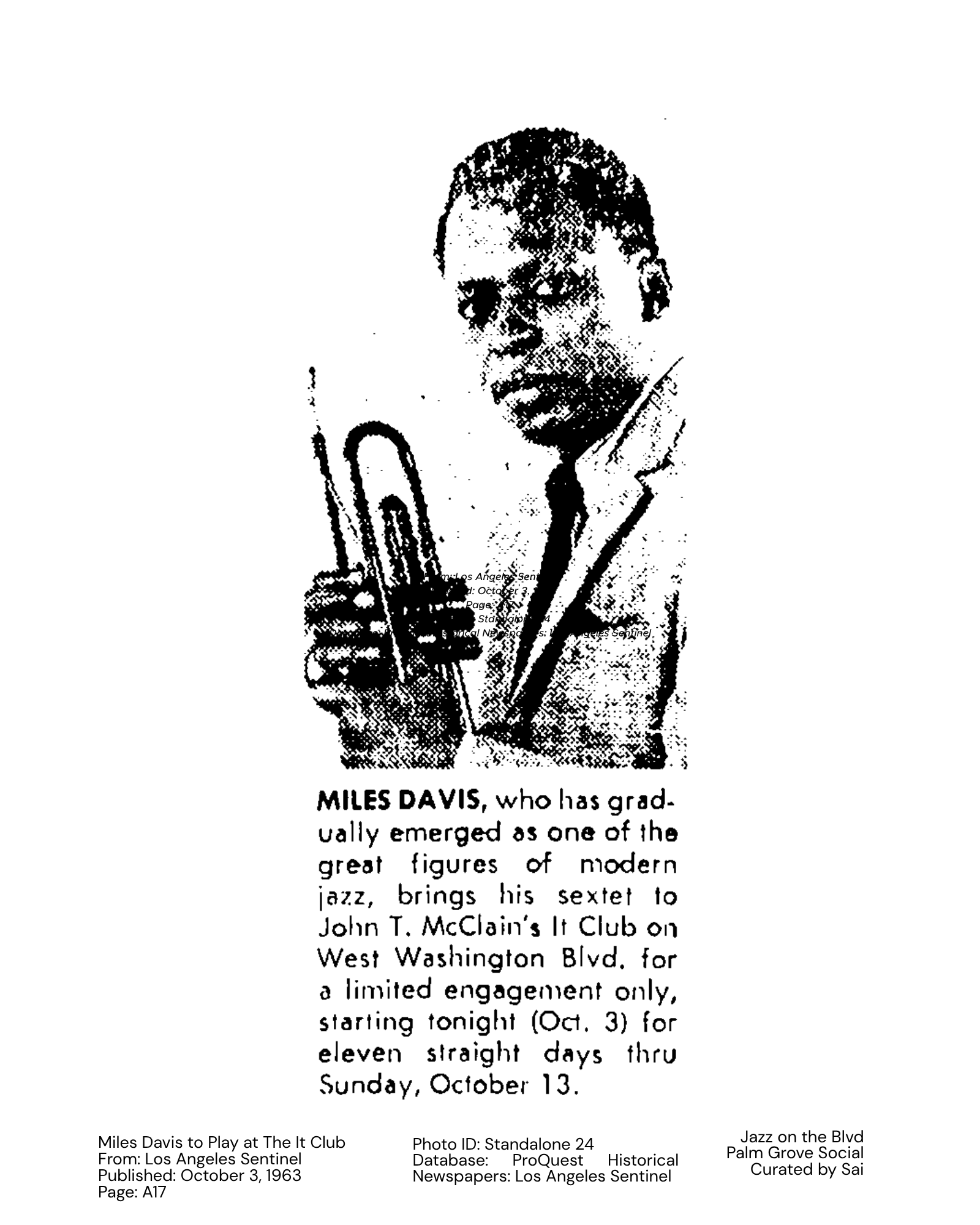 Miles Davis to Play at The It Club From: Los Angeles Sentinel Published: October 3, 1963 Page: A17