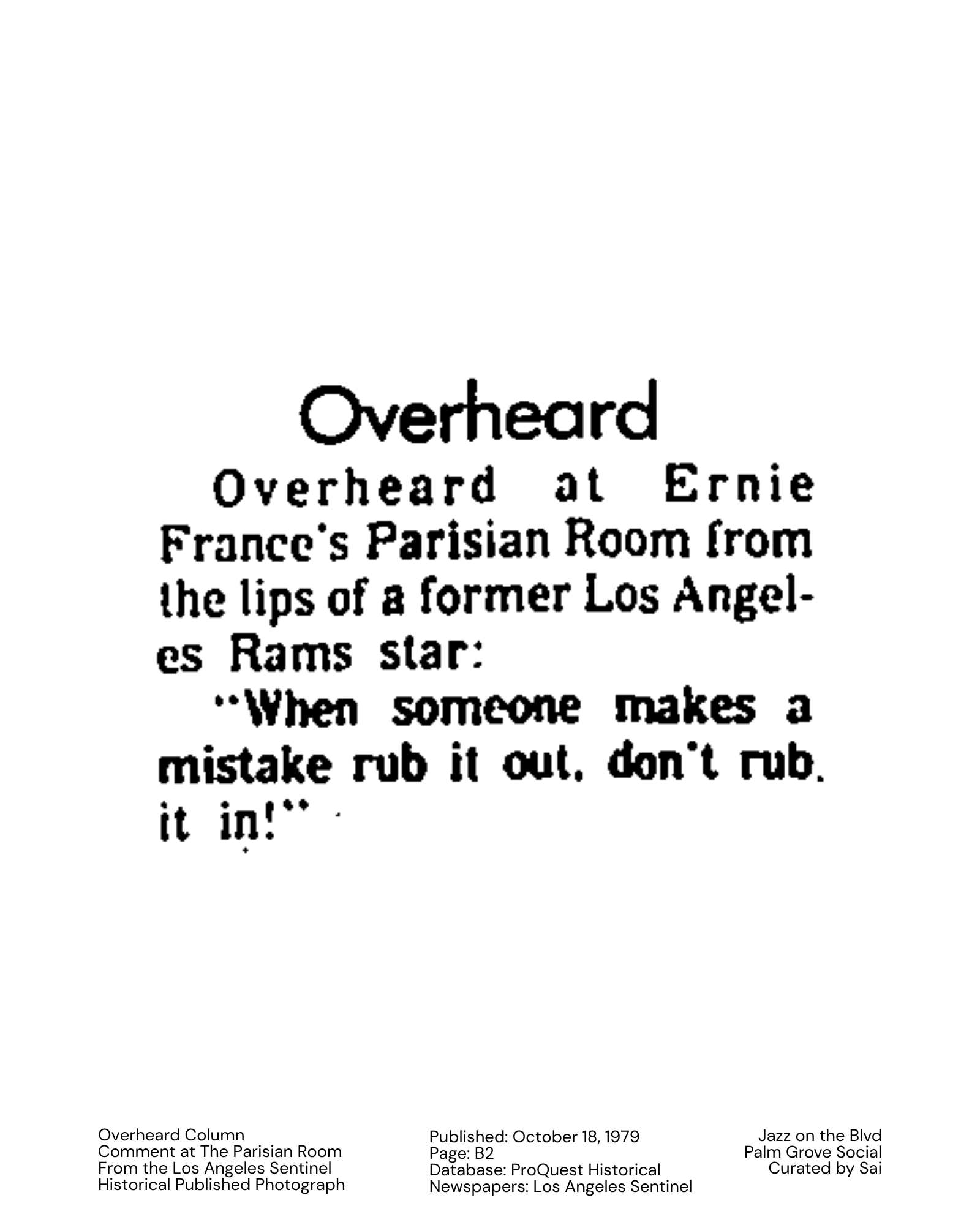 Overheard Column  Comment at The Parisian Room  From the Los Angeles Sentinel  Historical Published Photograph