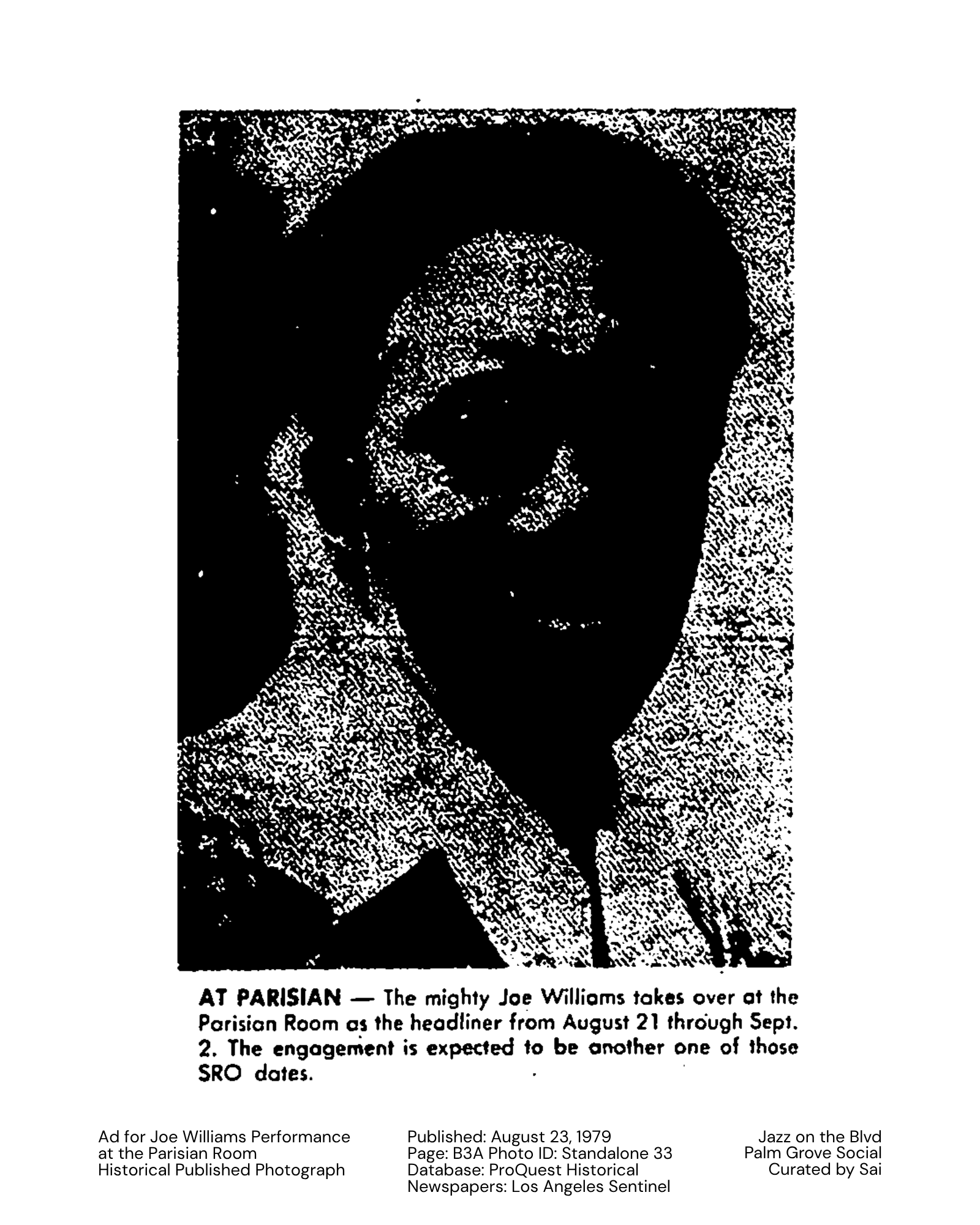 Ad for Joe Williams Performance at the Parisian Room  Historical Published Photograph