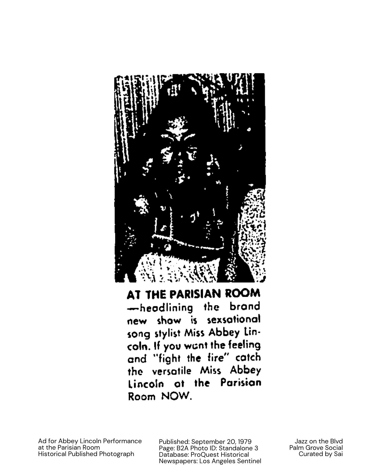 Ad for Abbey Lincoln Performance at the Parisian Room  Historical Published Photograph