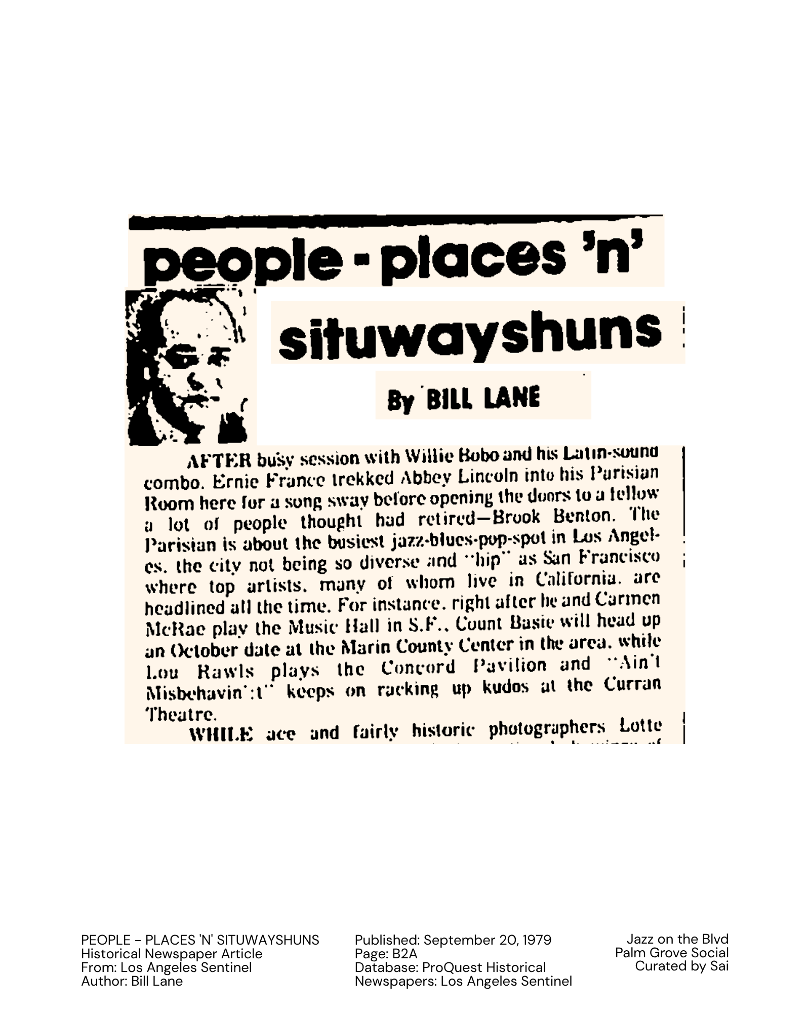 PEOPLE - PLACES 'N' SITUWAYSHUNS Historical Newspaper Article From: Los Angeles Sentinel Author: Bill Lane