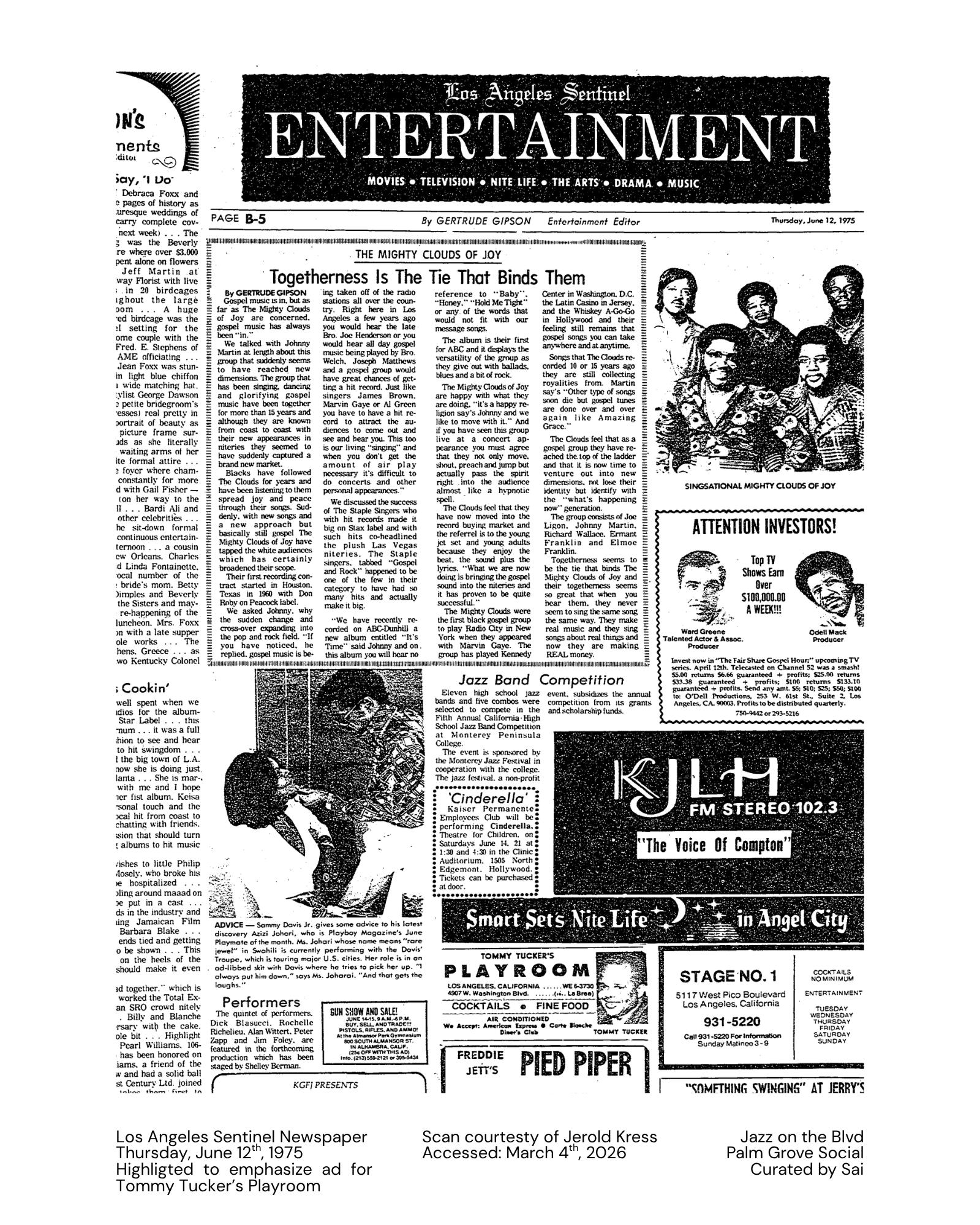 Los Angeles Sentinel Newspaper  Thursday, June 12th, 1975  Highligted to emphasize ad for Tommy Tucker’s Playroom