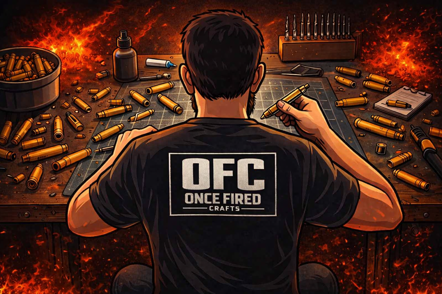 Illustration of a man working at a cluttered workbench with ammunition and crafting supplies, with a fiery background and a shirt labeled "OFC Once Fired Crafts."