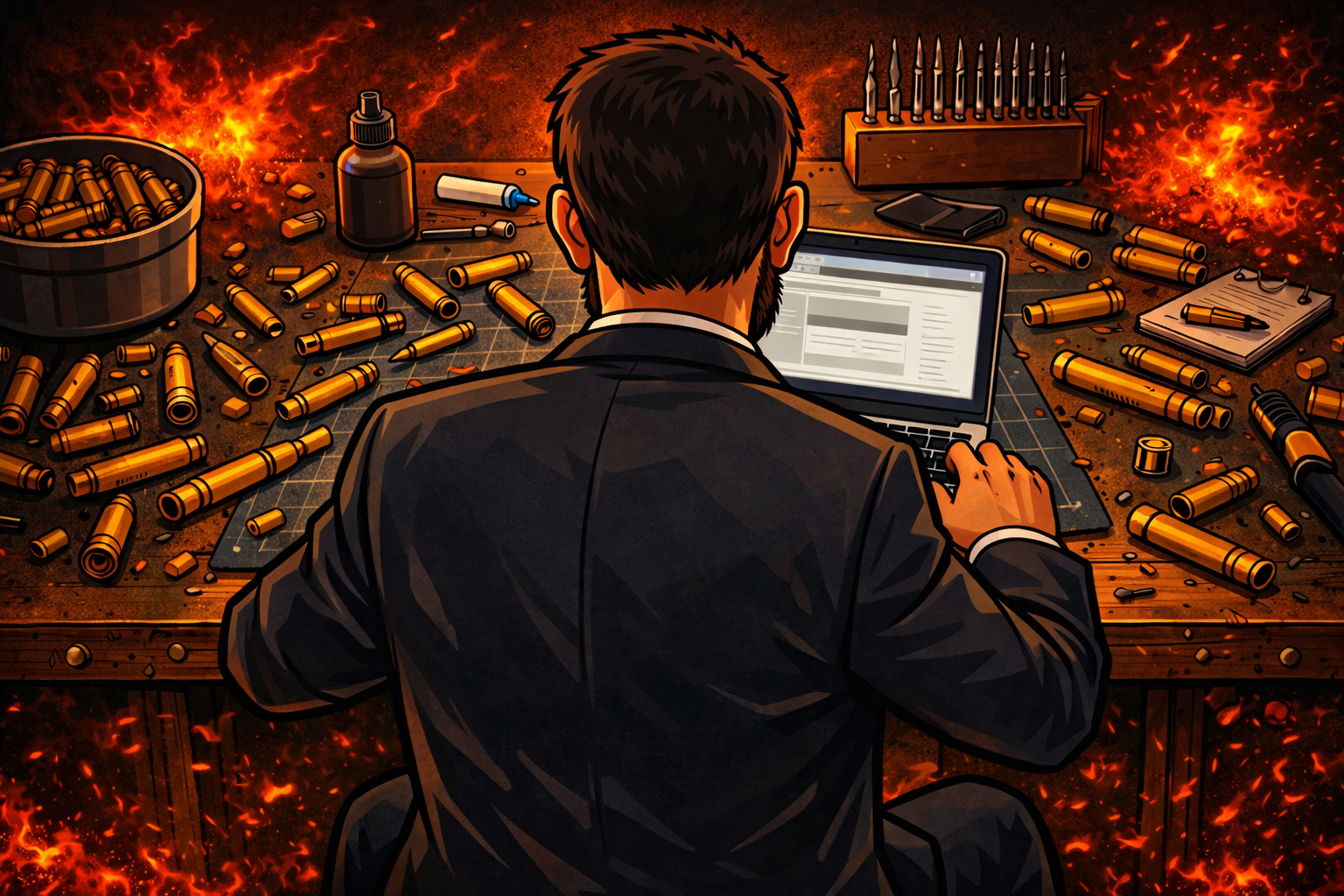 A man in a suit sitting at a cluttered desk with bullets, a notebook, and weapons, looking at a laptop screen, with a fiery, explosive background.