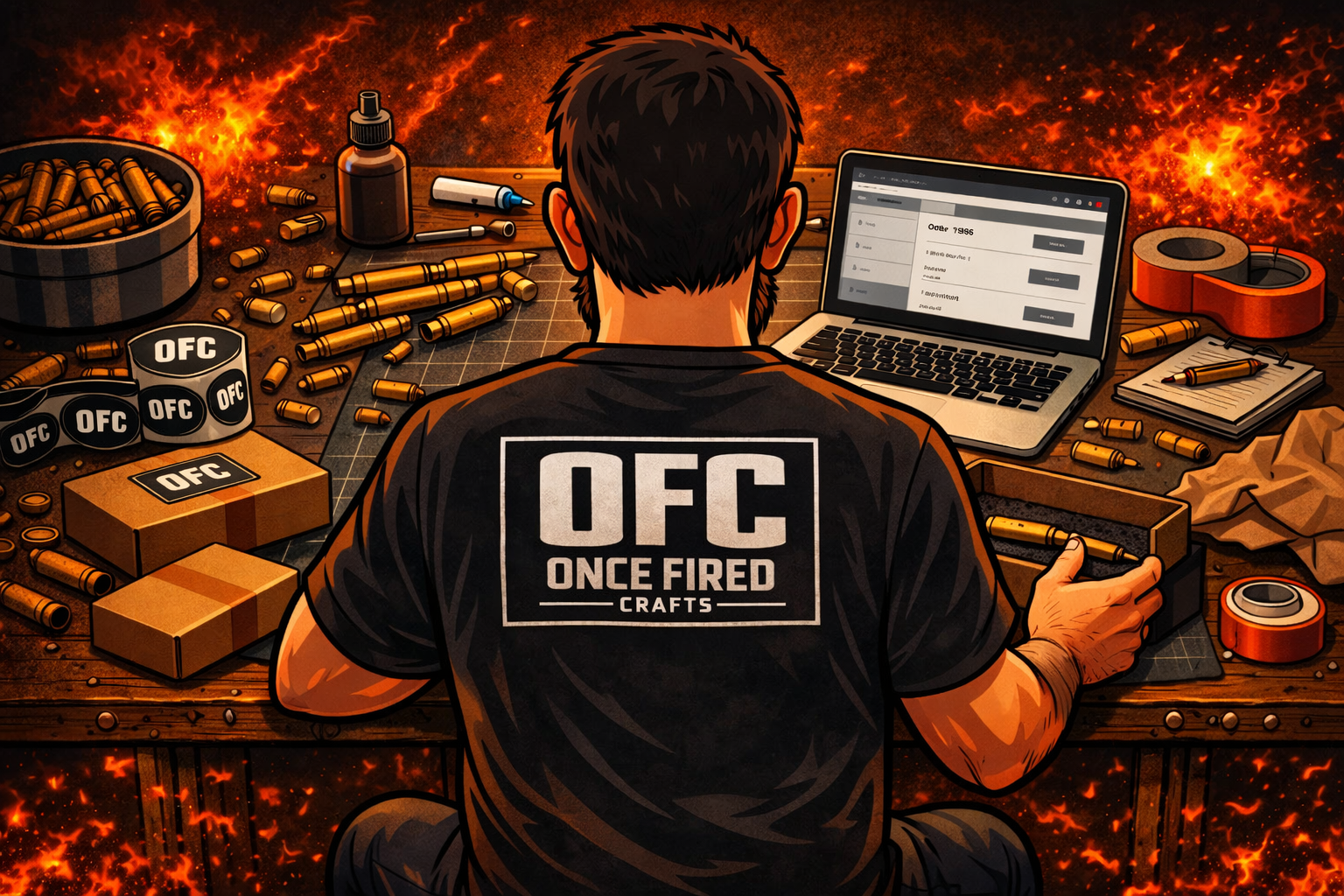 A person sitting at a cluttered workbench with bullets, boxes, a laptop, and tools, in a fiery background, wearing a shirt labeled 'OFC Once Fired Crafts'.
