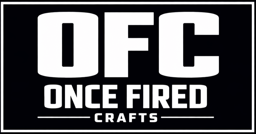 Black background with large white text reading 'OFC' at the top, 'Once Fired' in slightly smaller font below, and 'Crafts' at the bottom with lines on either side.