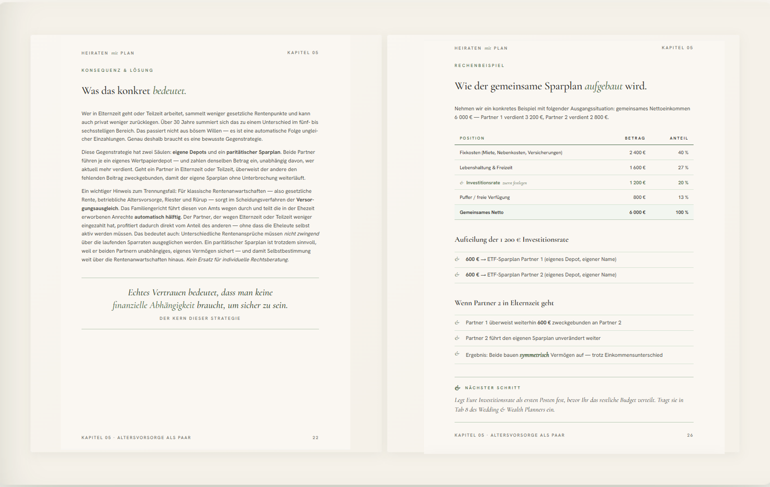 Blick auf offene Buchseiten mit Text in Deutsch, Überschrift 'Was das konkret bedeutet.' auf der linken Seite und 'Wie der gemeinsame Sparplan aufgebaut wird.' auf der rechten Seite, mit Tabellen und Absätzen in einer schriftlichen Vorlage.