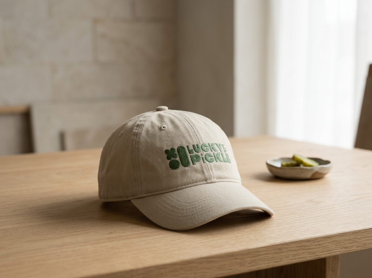 Beige baseball cap with green "Lucky Pickle" embroidery on a wooden table, next to a small dish with pickles.