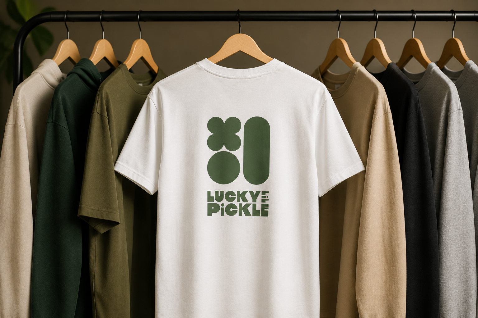 A white T-shirt with 'Lucky Pickle' logo hanging on a clothing rack among beige, green, black, and gray T-shirts.