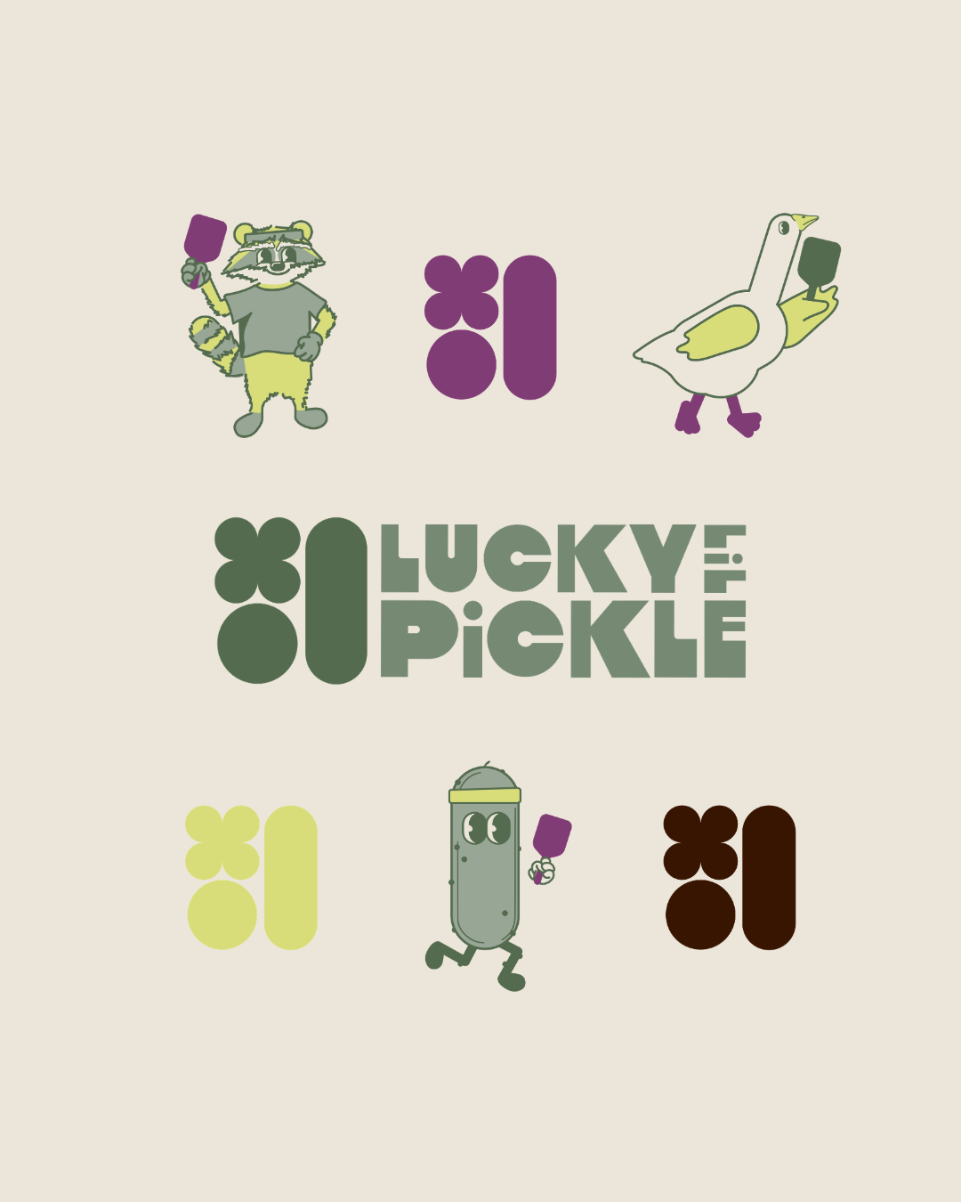 Illustration of various characters and symbols related to Lucky Pickle. The characters include a raccoon, a goose, and a pickle with eyes, all holding a purple spoon. The Lucky Pickle logo is displayed in the center with stylized text and flower-shaped symbols.