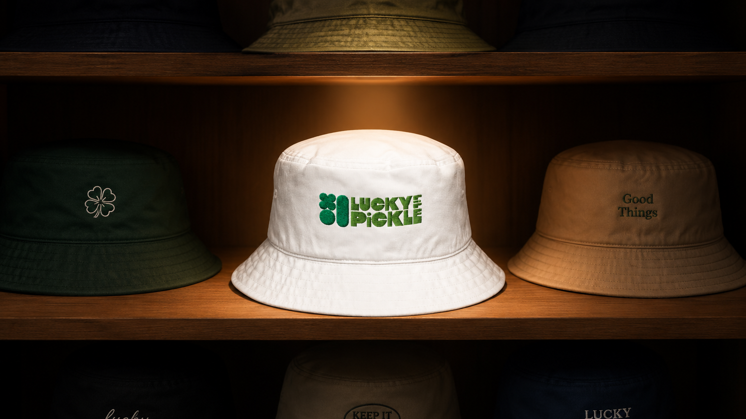 Three bucket hats on a wooden shelf, with the middle white hat featuring green embroidered text reading 'Lucky 7e Pickle'.