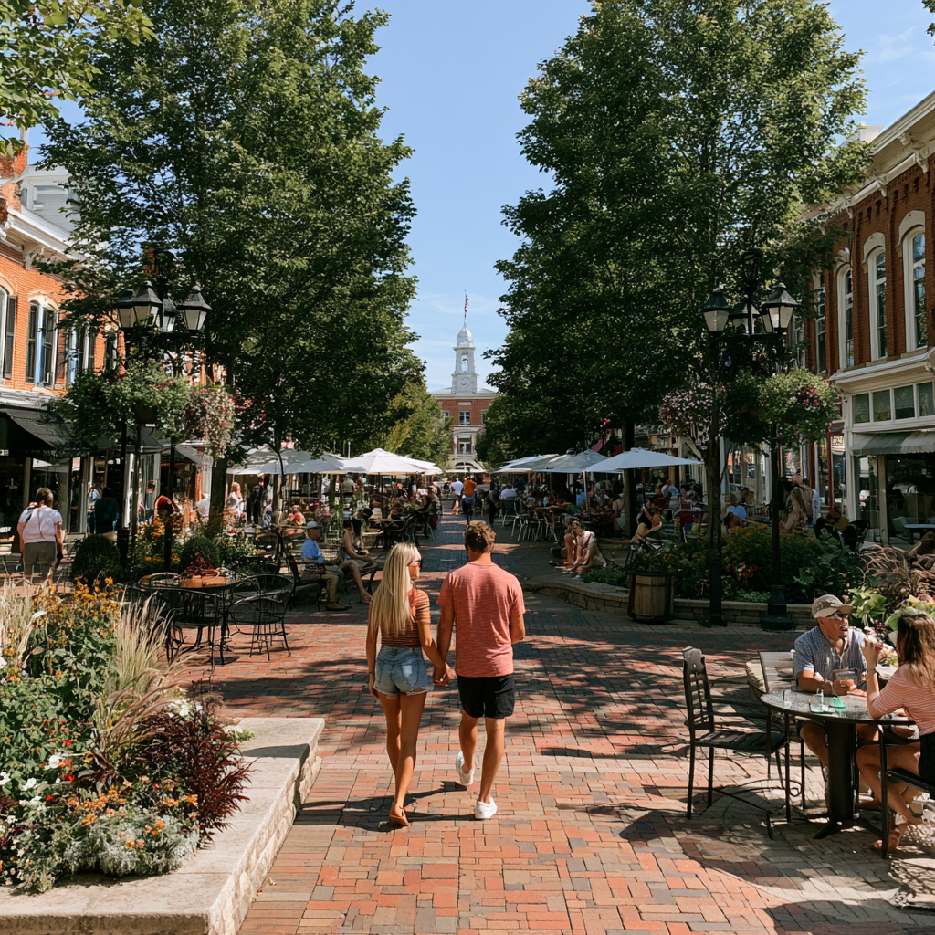 A lively outdoor shopping and dining street scene with people walking, sitting at tables, and enjoying a sunny day surrounded by trees, flowers, and historic buildings.