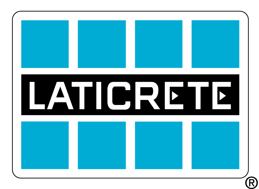 Laticrete logo with a black banner featuring white text in the center. The logo is surrounded by blue squares arranged in a grid pattern.