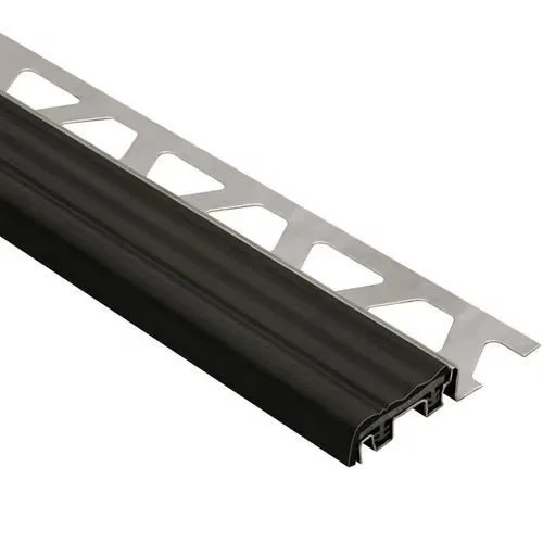 Schluter - TREP-S Stair-Nosing Profile with Black Insert - Stainless Steel (V2) and PVC Plastic 1-1/32" x 8' 2-1/2" x 1/2" (12.5 mm)