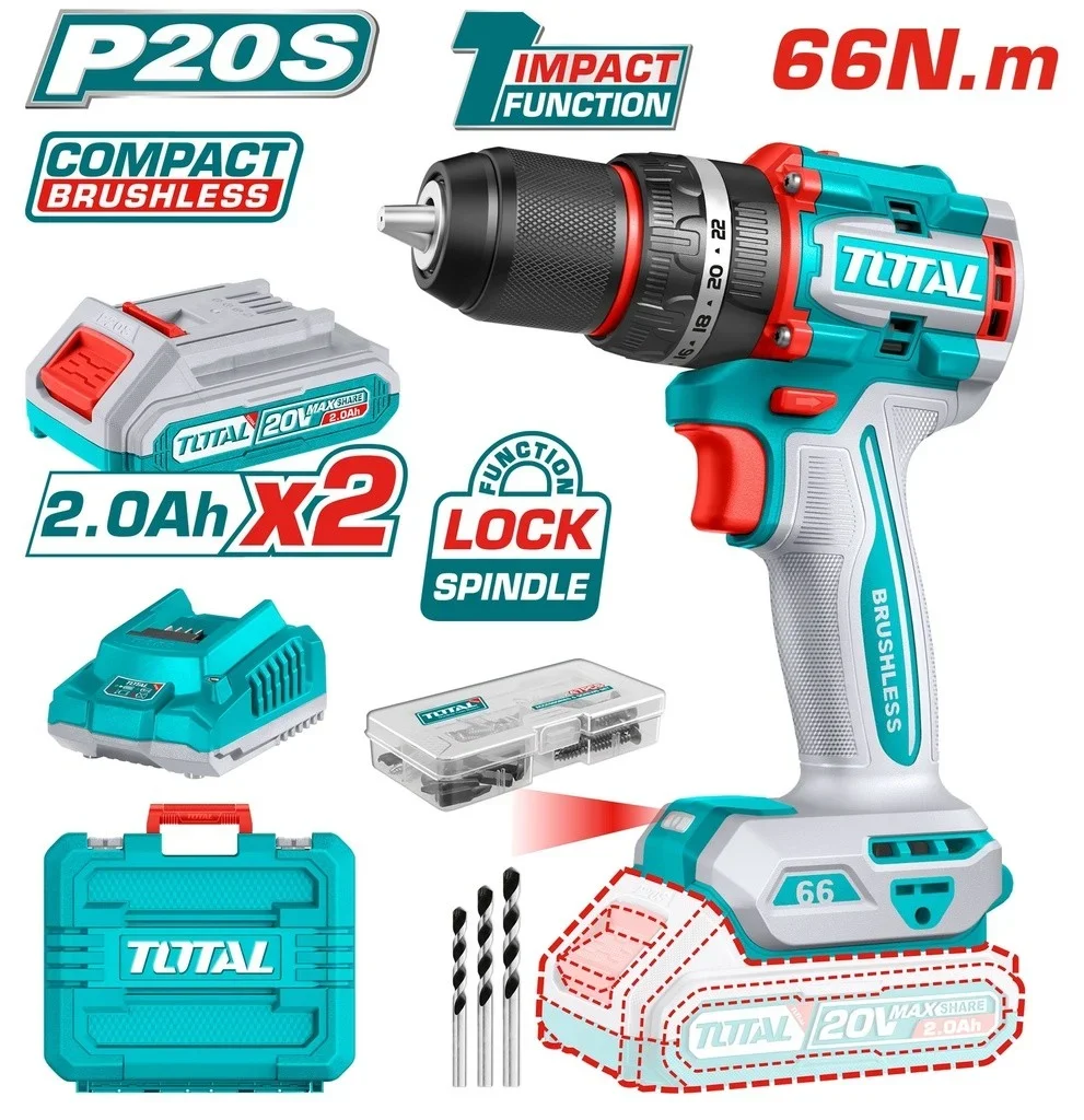 Total tools [UTIDLI20668] 20VX1/2" Compact Brushless Cordless Hammer Drill Combo