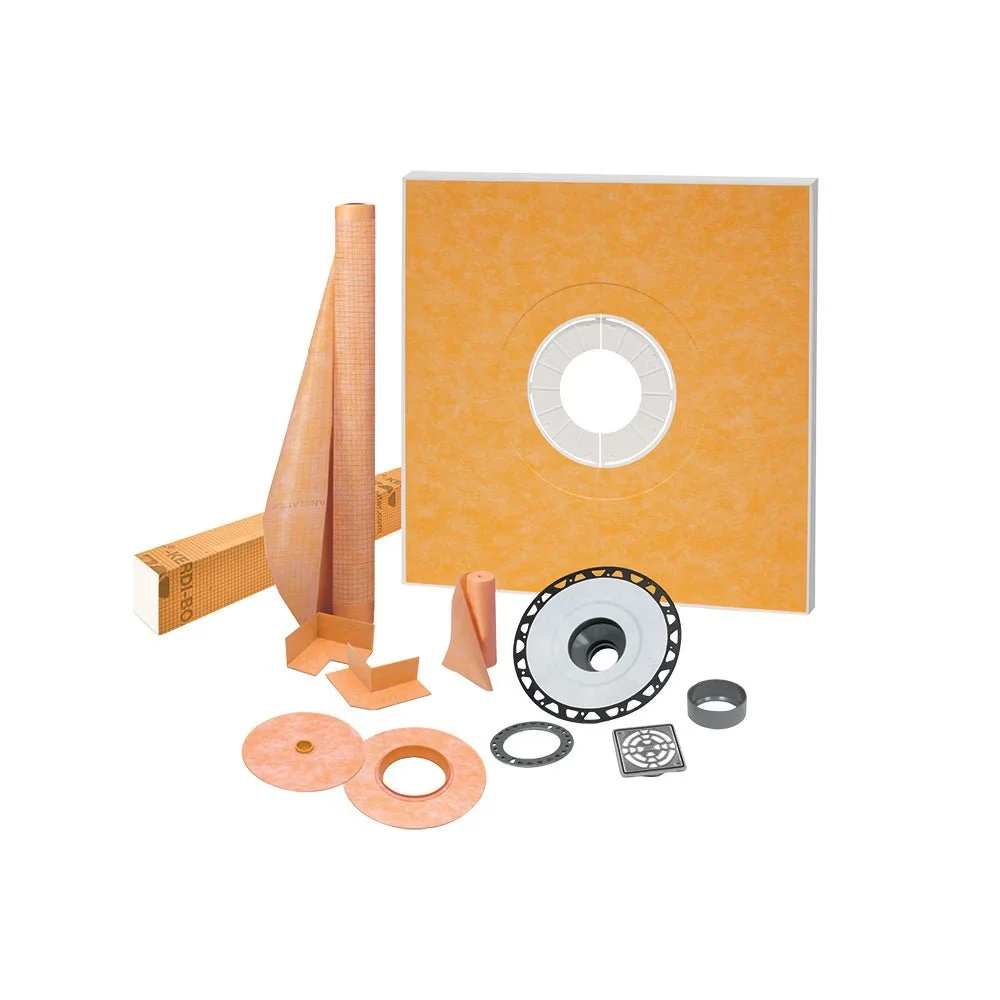 Schluter - KERDI-SHOWER-KIT Shower Kit with Center Outlet Position KERDI-SHOWER-KIT with 2" ABS Flange and Stainless Steel Grate 48" x 48"
