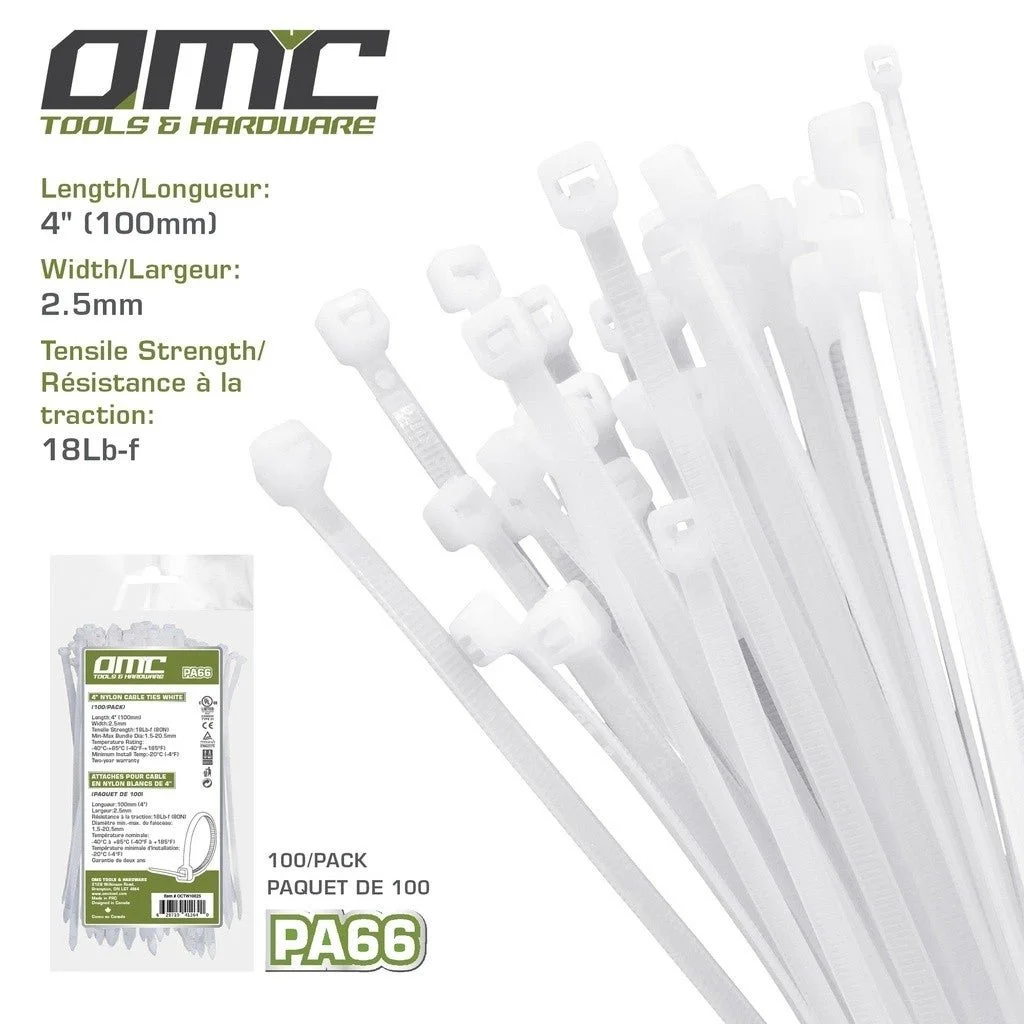 Total tools [OCTW10025] 4" Nylon Cable Ties White (100-Pack)