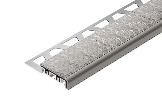 Schluter - TREP-V 42 Stair Nose Profile Anodized Aluminum with PVC Slip-Resistant Insert Stone Grey 1/2" (12.5 mm) x 1-21/32" (42 mm) x 10'