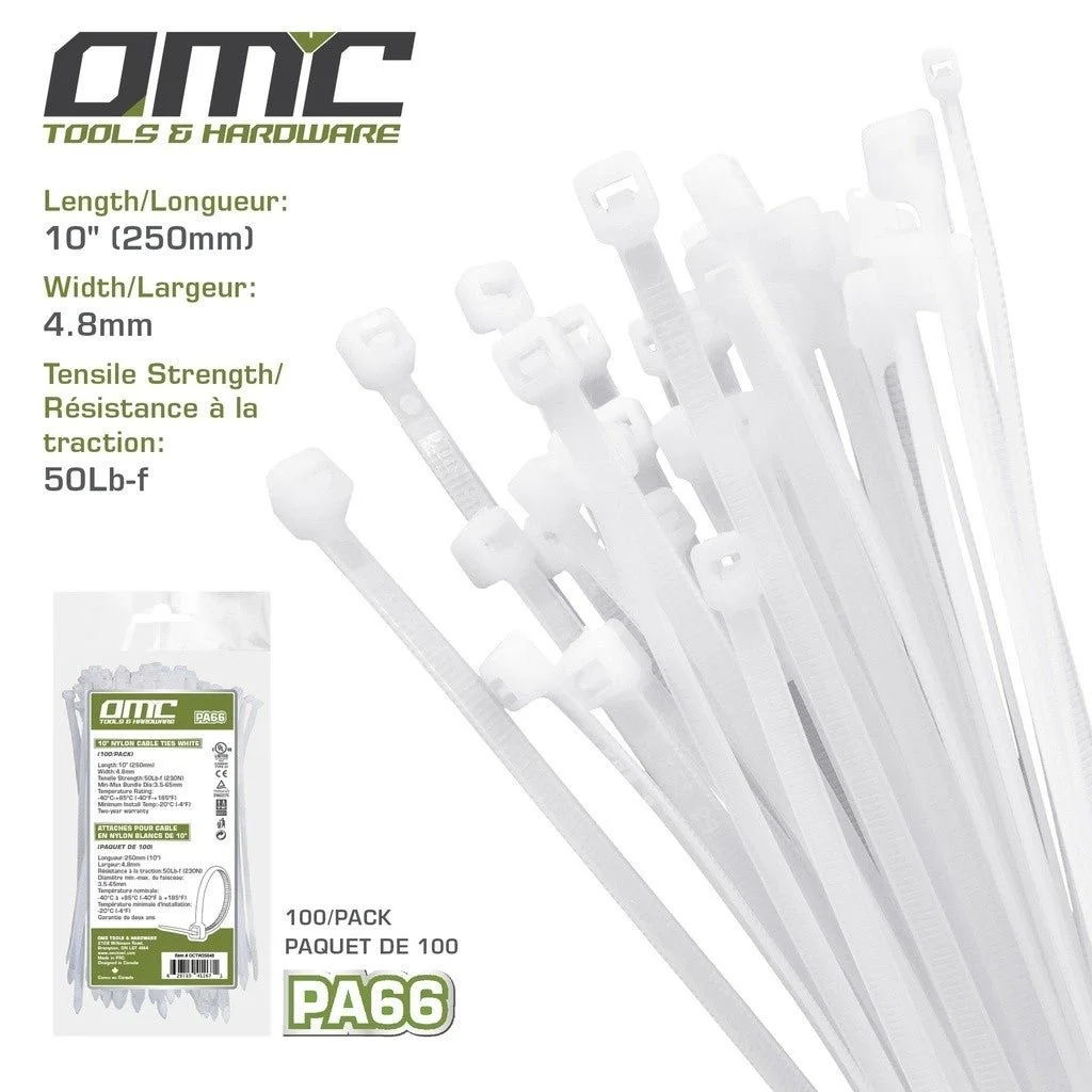 Total tools [OCTW25048] 10" Nylon Cable Ties White (100-Pack)