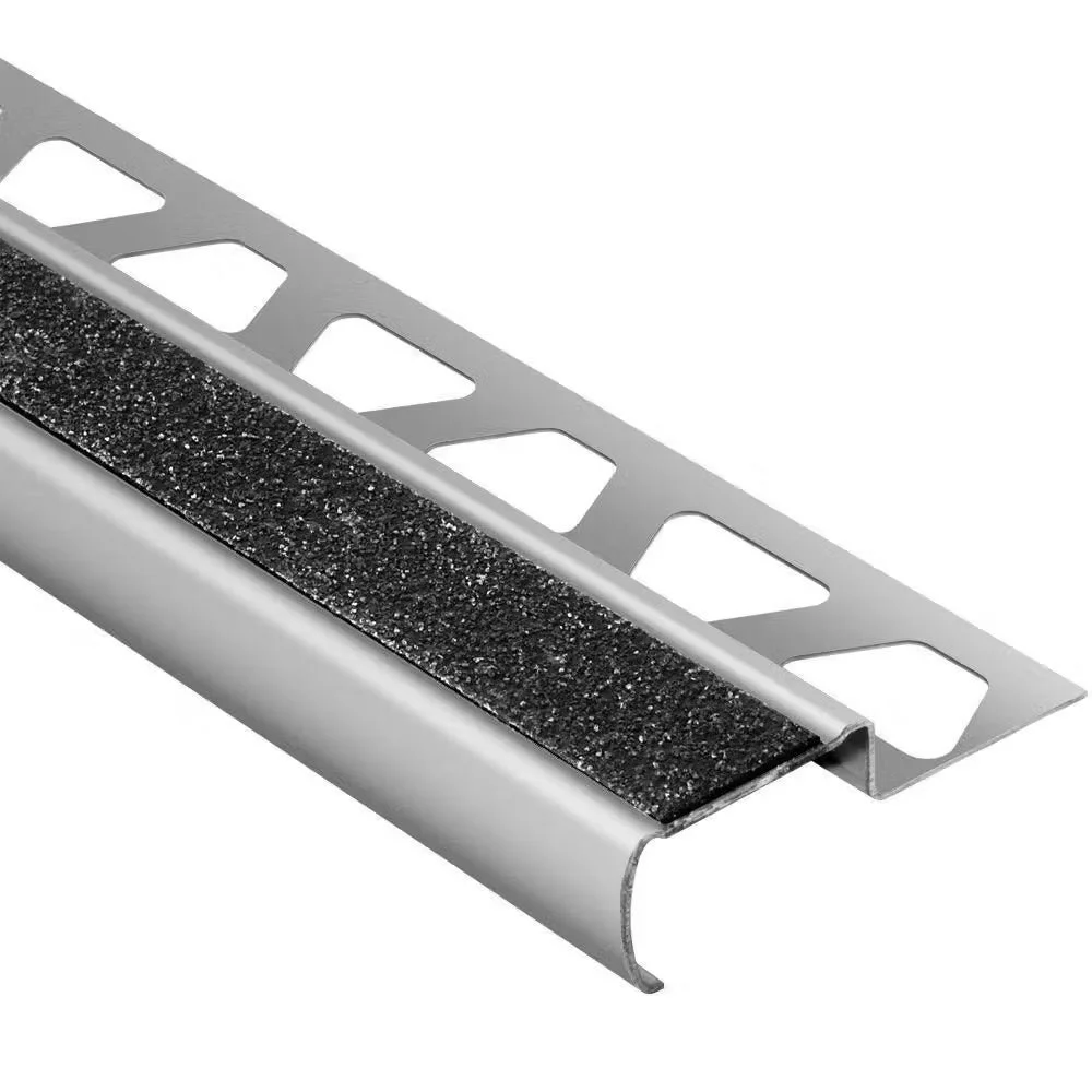 Schluter - TREP-G-B Stair-Nosing Profile with Black Non-Slip Tread - Brushed Stainless Steel (V2) 2-5/32" x 8' 2-1/2" x 7/16" (11 mm)