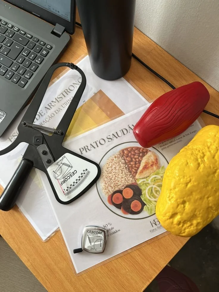 Mesa de trabalho com um laptop, uma garrafa preta, uma maçã vermelho, uma panela de pressão, uma panela amarela, um folheto de dieta e uma fita métrica