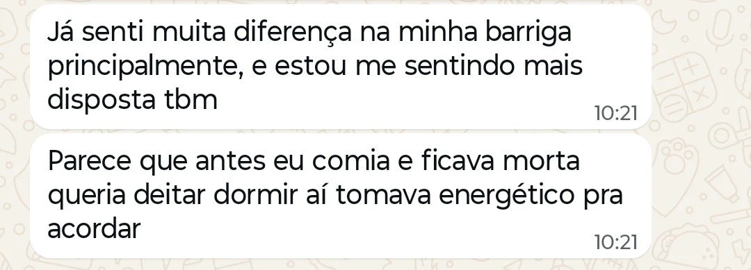 Print de mensagens de WhatsApp em português, falando sobre melhorias na barriga, disposição, alimentação e energia para dormir.