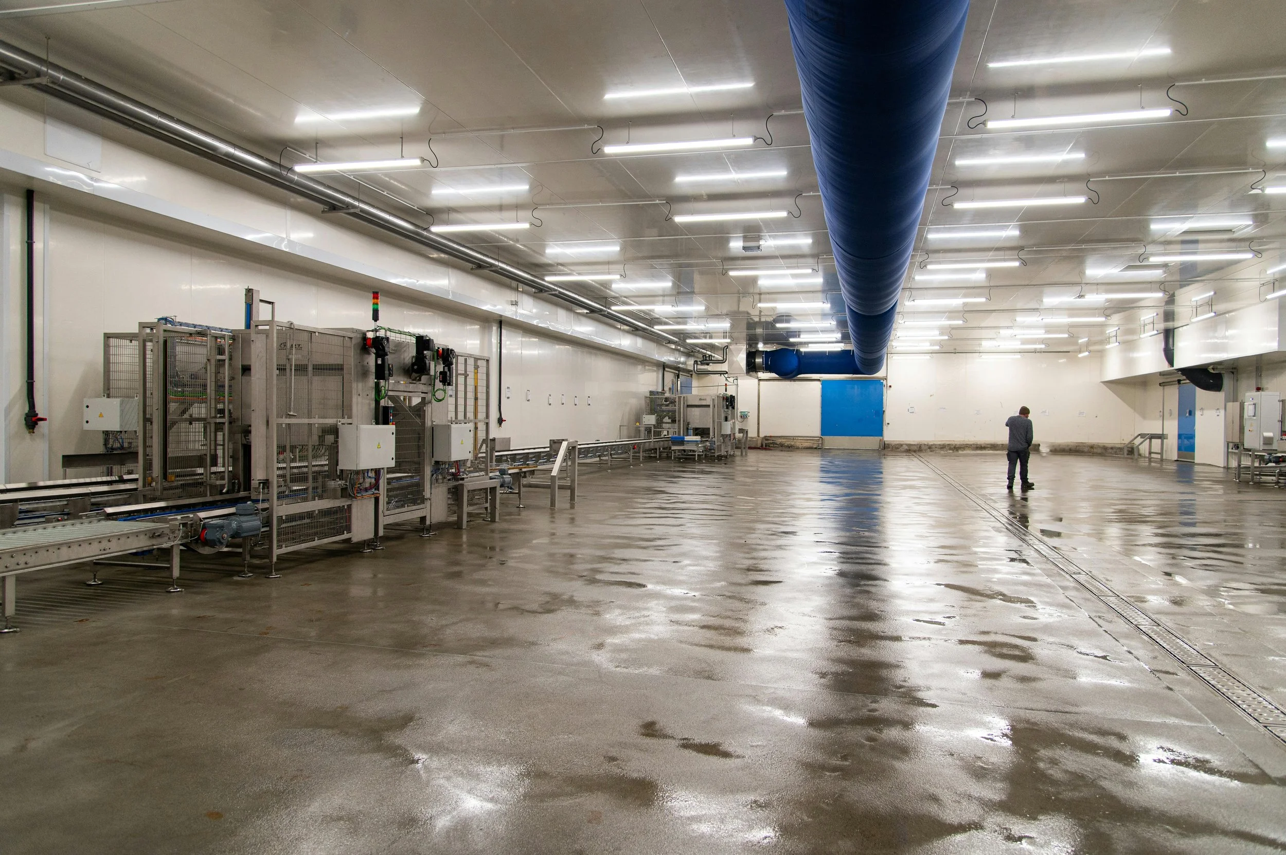 An empty industrial space with large blue ventilation ducts on the ceiling, bright strip lighting, and a person standing near the back wall, with some machinery and equipment on the left side.