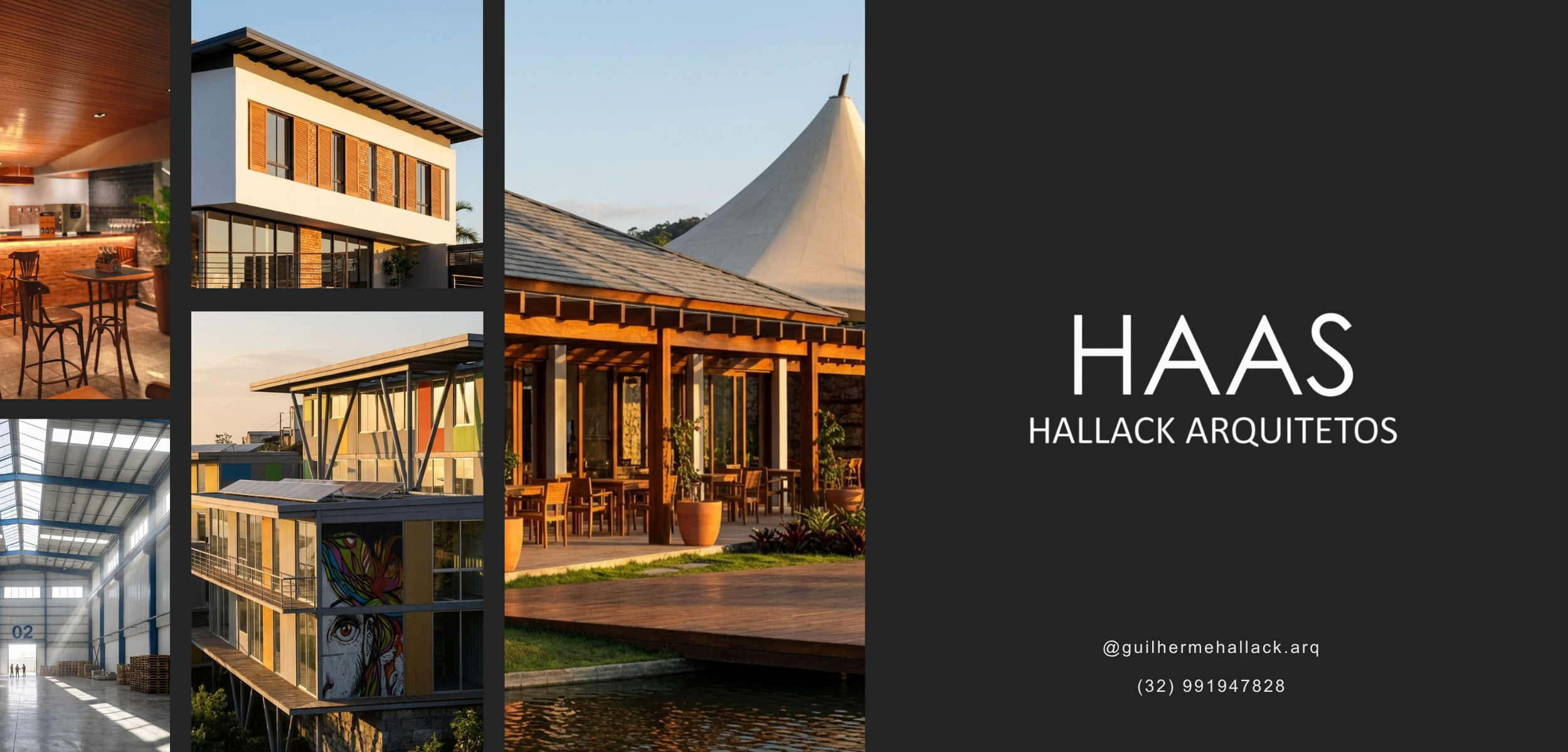 Collage of architectural projects including modern houses, a building with colorful mural artwork, an industrial warehouse interior, and an outdoor gathering area with wooden tables and chairs. The right side features a black section with white text displaying the name 'HAAS HALIACK ARQUITECTOS' and contact information.