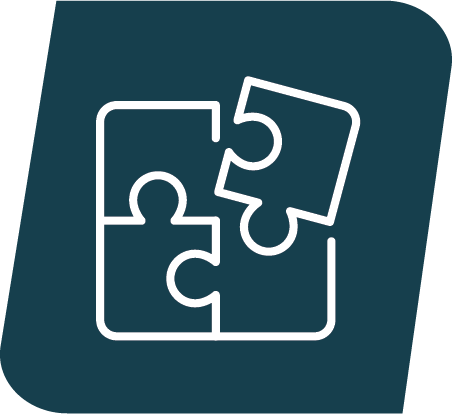 Minimalist icon of four interconnected puzzle pieces on a dark background.