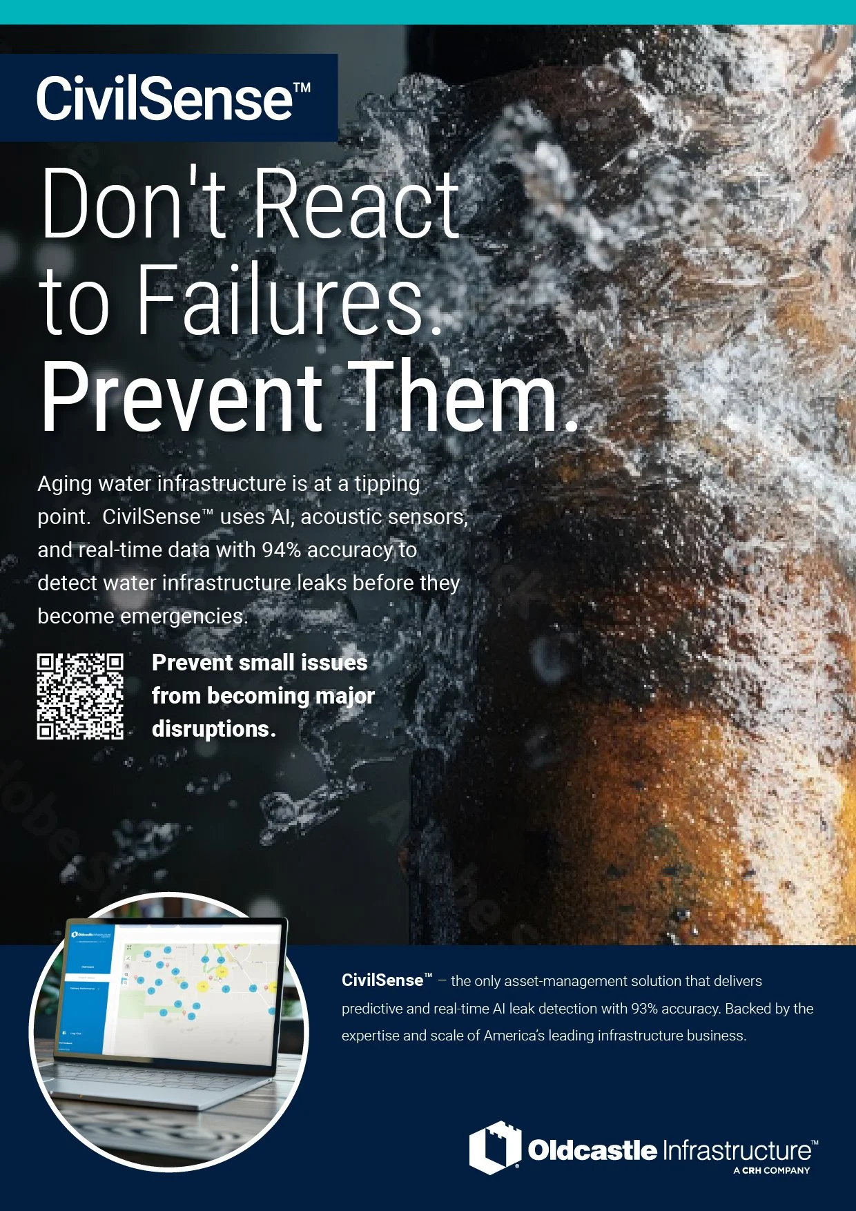 Advertisement for CivilSense water infrastructure monitoring technology, featuring a person diving into water, and a laptop displaying a map with water leak indicators. The ad emphasizes using AI and sensors to prevent water infrastructure failures.